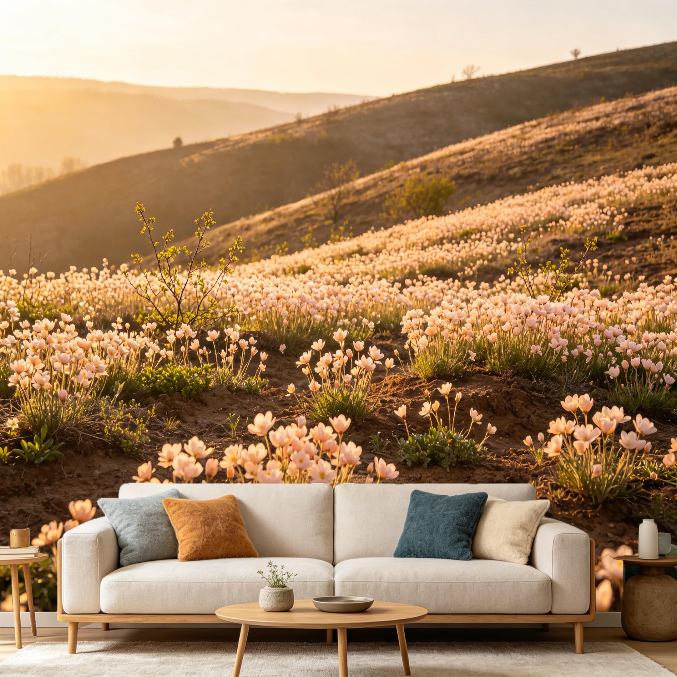 Custom Size Wall Mural Sunset Hillside Wildflower Meadow Landscape SelfAdhesive Art Prints wall Fabric（No PVC） Removable Wallpaper Home Bedroom Decor Large Nature Mural Wall Art