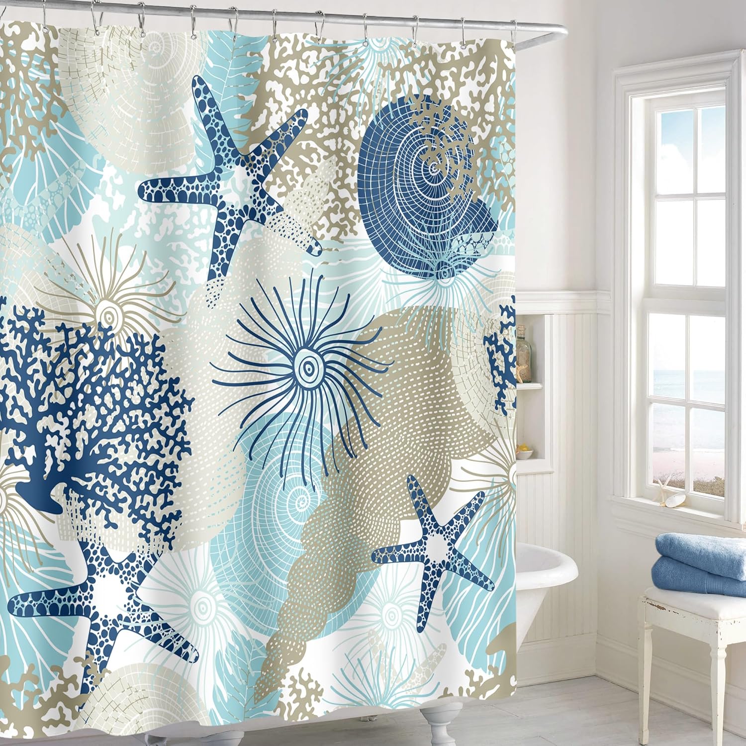 MAYZUS Long Shower Curtain 72 x 78 Inch, Tall Beach Ocean Themed Fabric Shower Curtains for Bathroom, Summer Tropical Seashell Starfish Coral Nautical Coastal Shower Curtain, Teal Blue