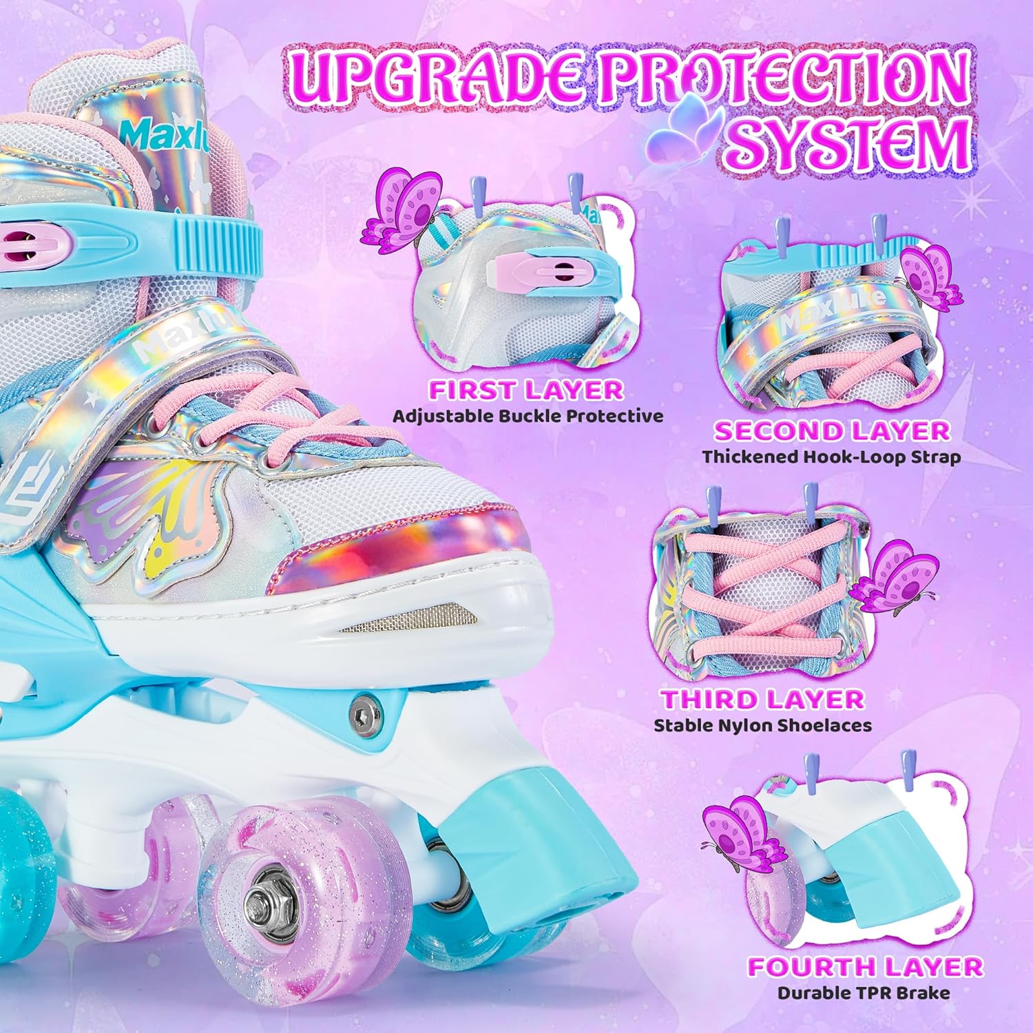 Girls Roller Skates, Butterfly Design 4 Size Adjustable Kids Roller Skates for Girls, Boy and Women, Fun Illuminating Toddlers Quad Skates for Beginners Youth Indoor Outdoor(Small, Pink Green)