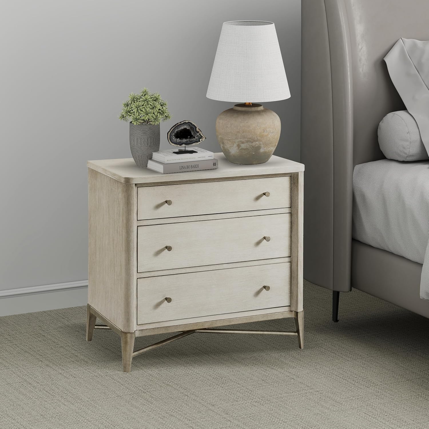 Roundhill Furniture Mantalia Solid Wood 3-Drawer Nightstand with Metal Frame, Champagne