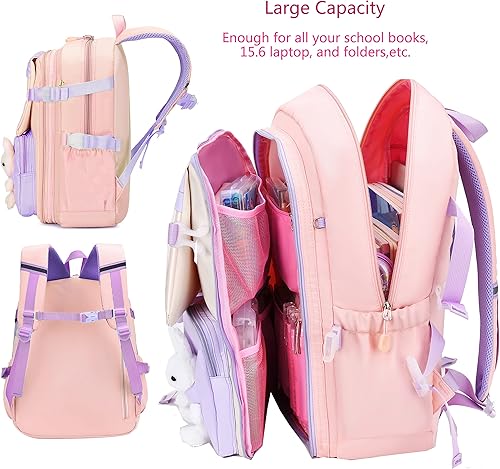 Miniatura 4 de Gazigo Mochila para niñas, escuela primaria, mochila de conejito para niñas, linda mochila para niños y jardín de infantes preescolar, Juego de