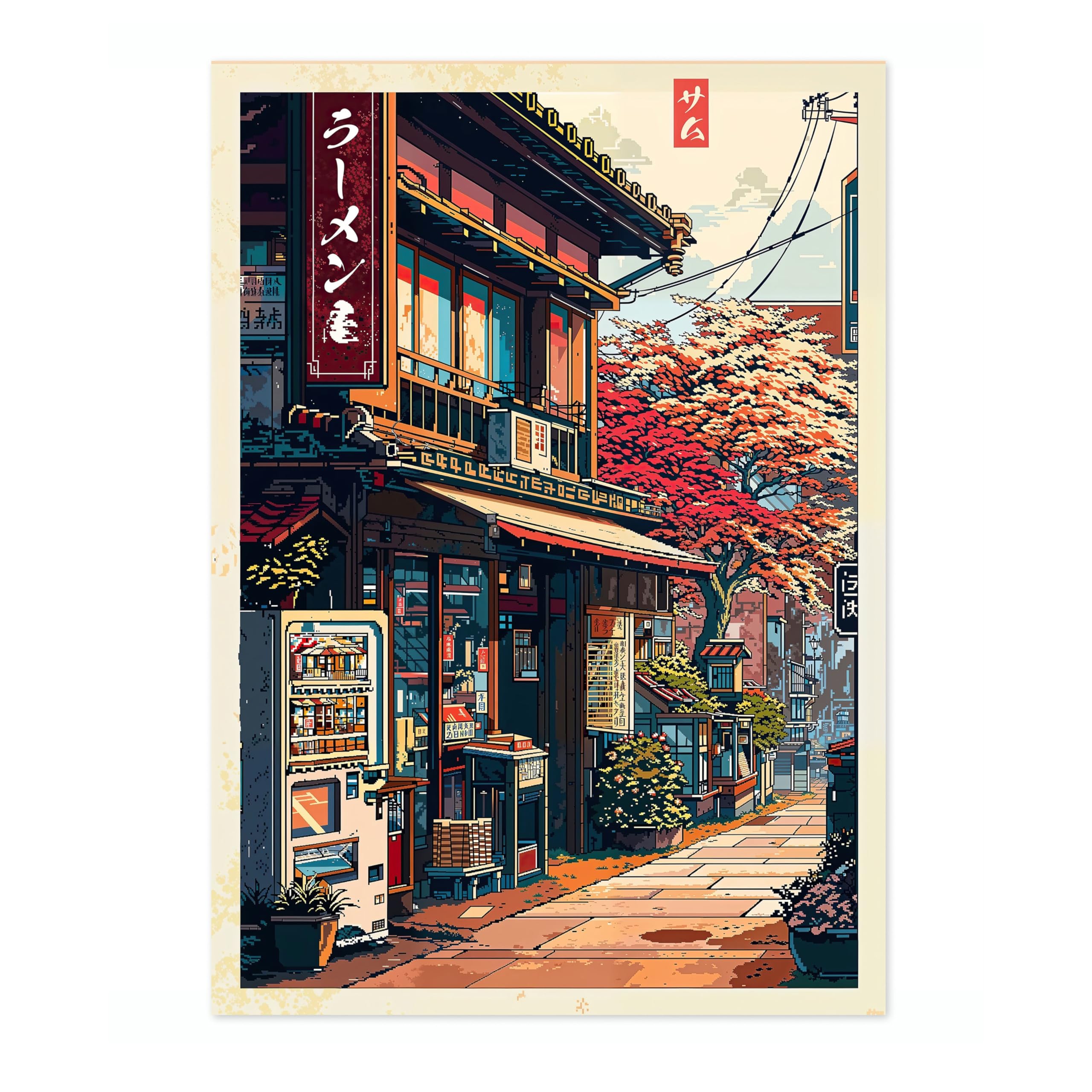 Pixel Ramen Shop Anime Woodblock Poster Modern Ukiyo-E, Japanese Cartoon Illustration Print, Archival Matte, A2 (Print Only) - 59.4x42cm