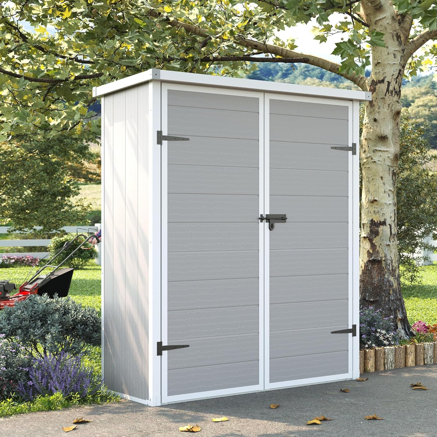 UDPATIO 51 Cu.ft Resin Outdoor Storage Shed with Floor, Weatherproof Vertical Plastic Tool Shed for Backyard&Pool&Lawn&Garden, Grey
