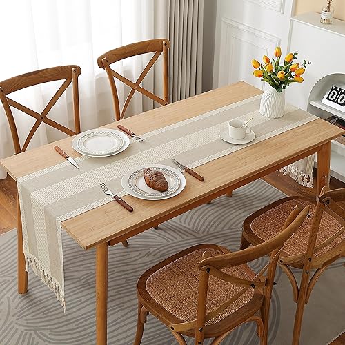 Miniatura 2 de Gernaice Camino de mesa de arpillera con borlas de 36 pulgadas de largo, estilo bohemio, a rayas anchas, de lino, camino de mesa, accesorios de mesa