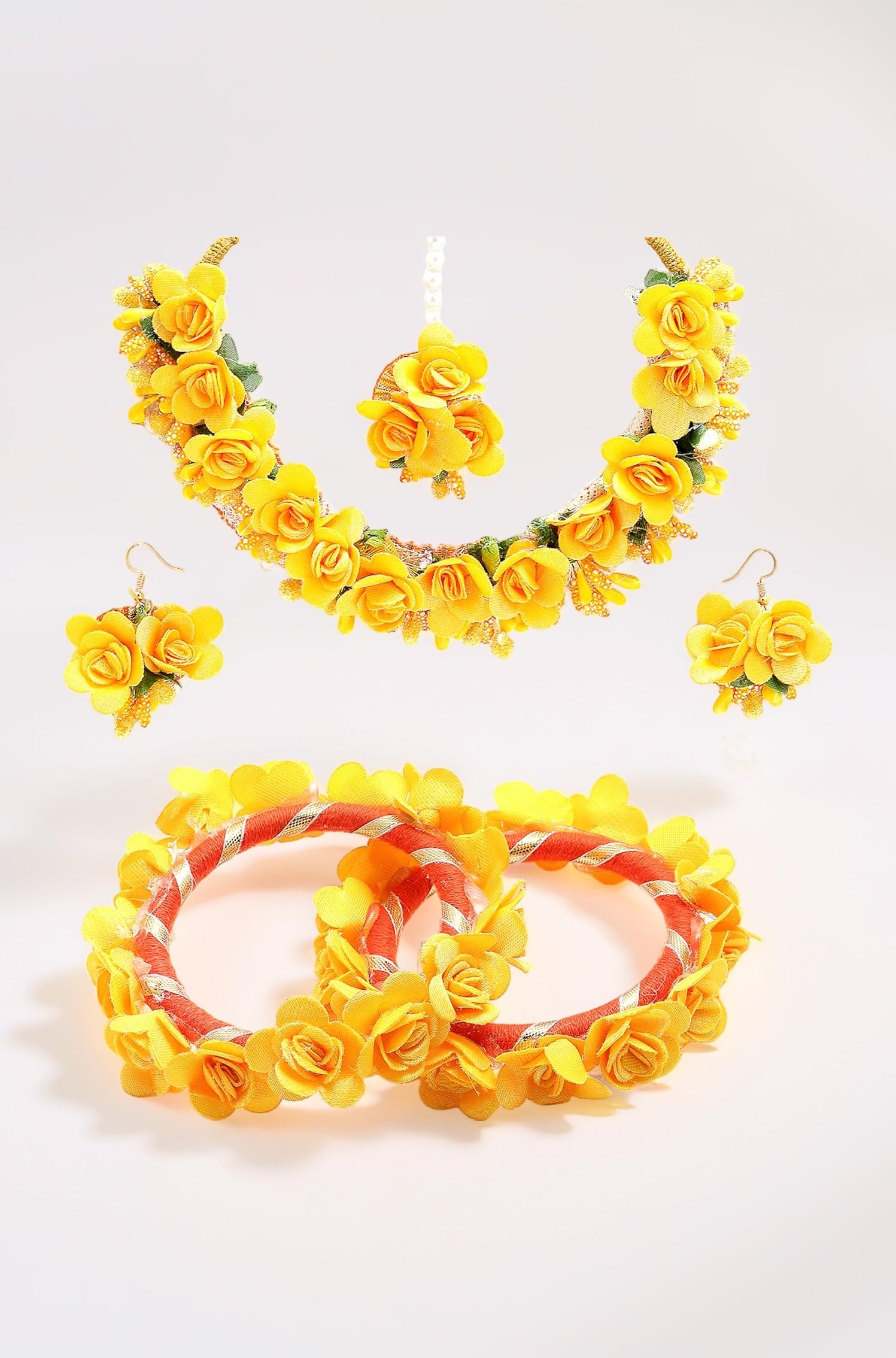 ZENEME Jewellery Flowers Jewellery Set For Haldi Gota Patti Necklace, Earrings, Bracelet & Maang Tika for Women & Girls (Mehandi/Haldi/Wedding/Bridal/Baby Shower)