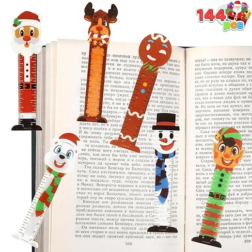 JOYIN 144 PCS Christmas Bookmark Rulers Bulk Party Favors with 6 Designs for Holiday Giveaway Goodie Gift, Classroom Rewards for Kids, Student, Goody and Prizes