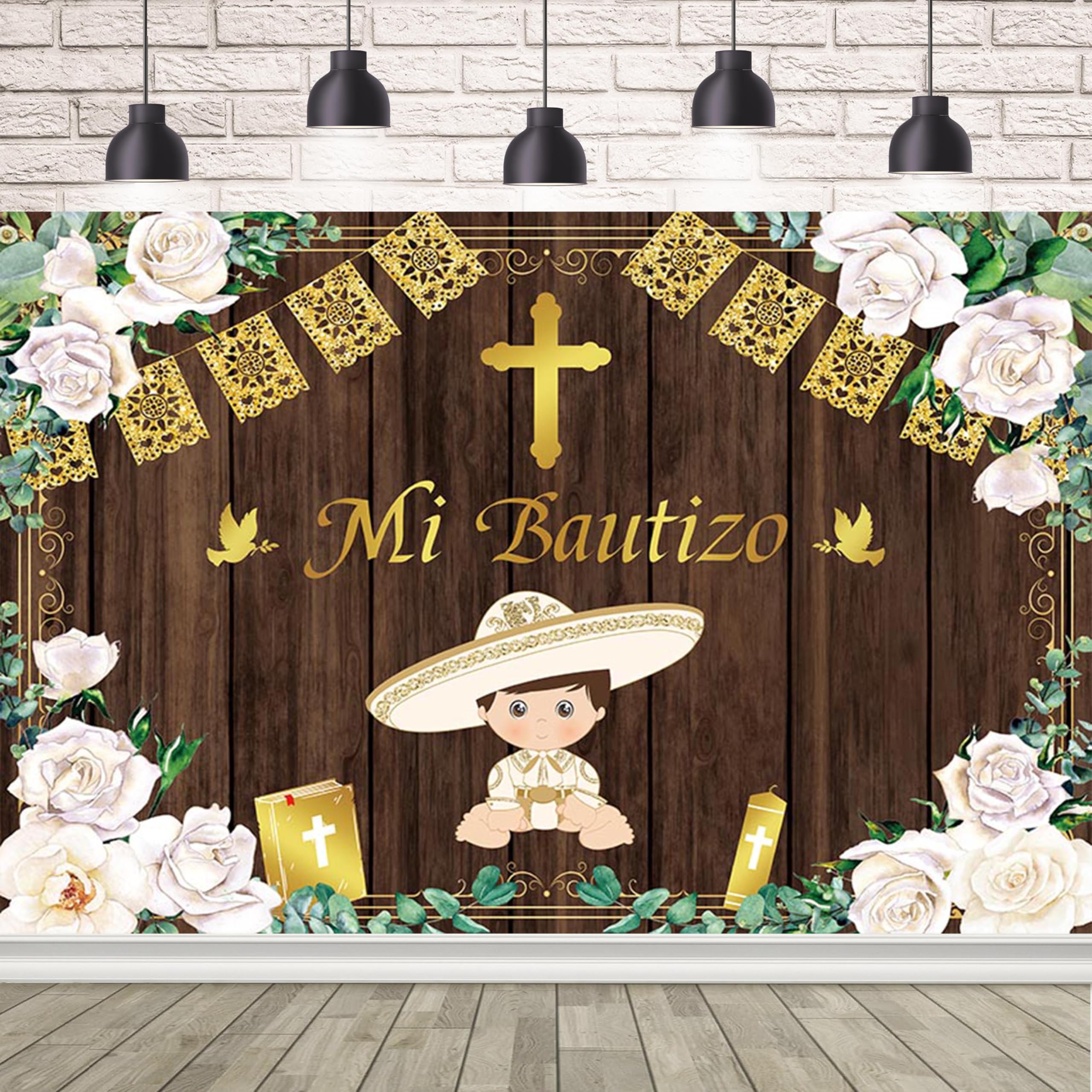 AIBIIN 7x5ft Mi Bautizo Backdrop for Boys Mexican Baptism Party Decorations God Bless First Holy Communion Photography Background Rustic Wooden Flowers Banner Photo Props