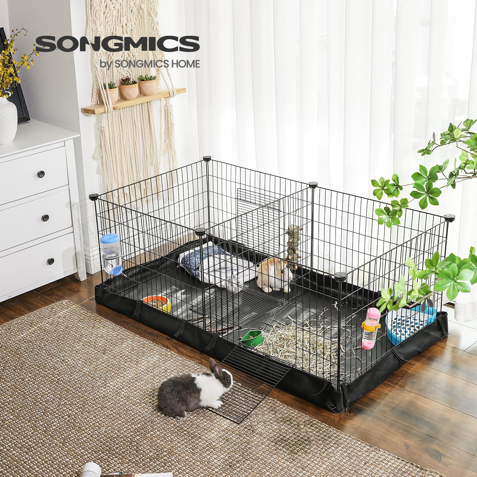 SONGMICS wybieg dla świnek morskich, wybrukowany obszar ze ścianką działową, 2 oddzielne obszary, z dnem z tkaniny, 3 drzwi, 123 x 63 x 46 cm, czarny LPI07H