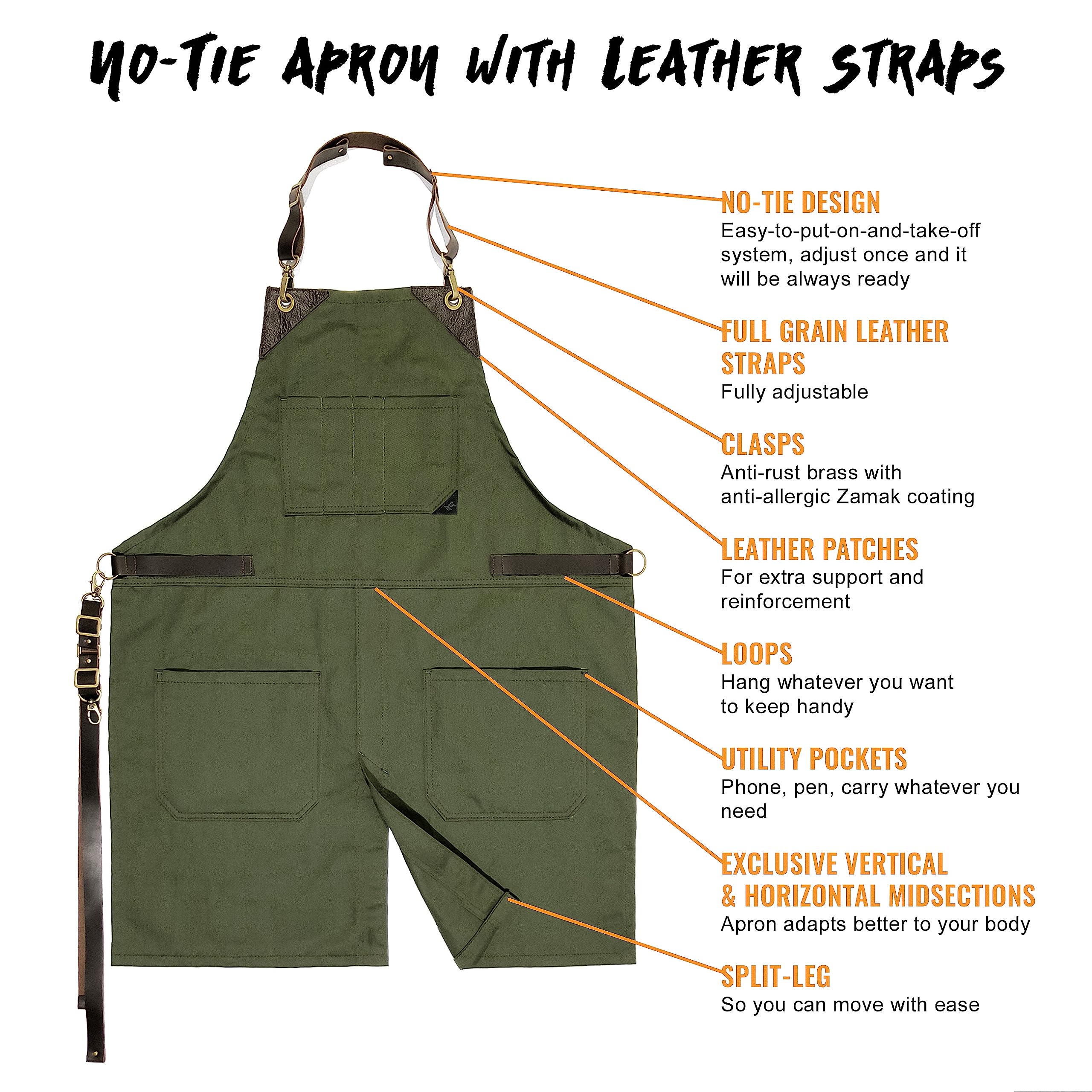 Under NY Sky Delantal con Correas de Cuero sin Amarras - Sarga Verde Profesional - Multi Bolsillos - Ajustable, Hombre, Mujeres, Chef, Barista, Barbero, Barman, Peluquero, Restaurante, Tienda, Cocina