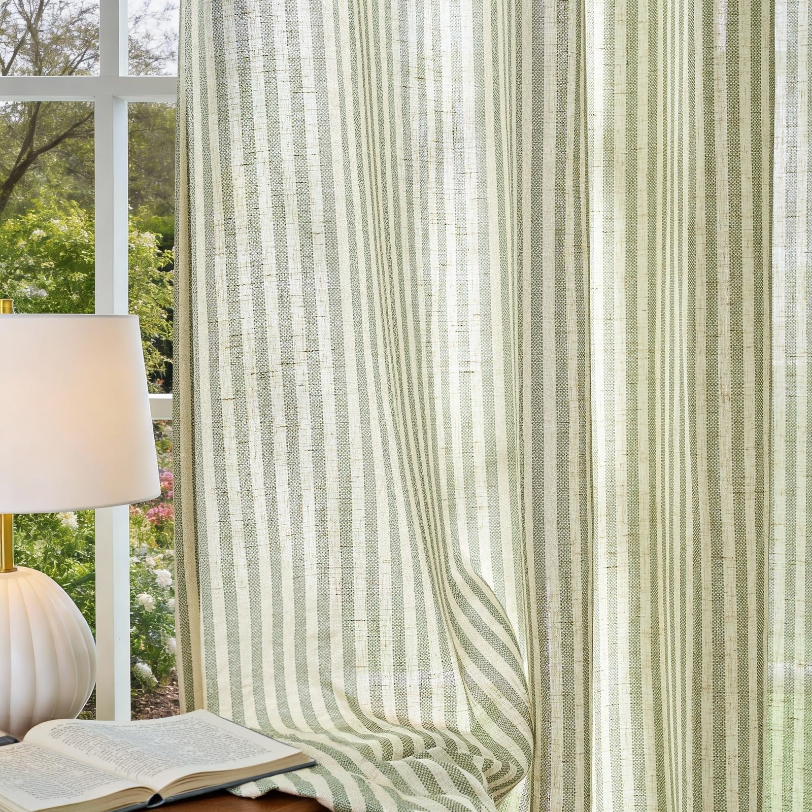 Vangao Lot de 2 Rideaux de fenêtre en Lin à Rayures coutil filtrant la lumière – Rideaux de fenêtre à Rayures Vertes Fines imprimées sur Beige – 160 cm de Long – pour Salon, Chambre à Coucher