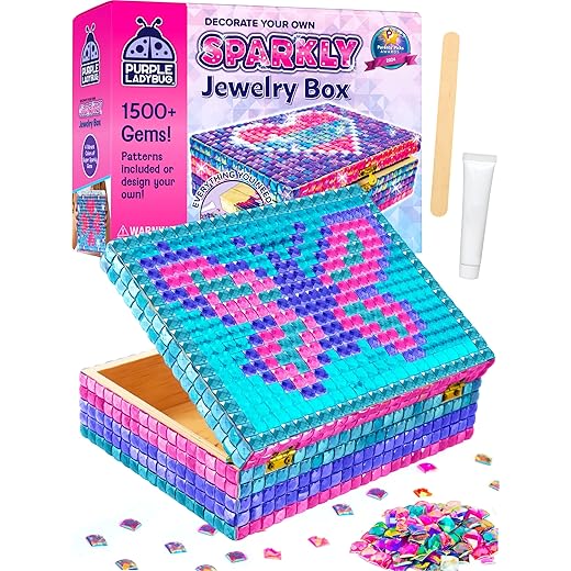 PURPLE LADYBUG Decorate Your Own Sparkly Little Girls Jewelry Box - Arts and Crafts for Kids Ages 6-8 Girls, Crafts for Girls 8-12 - Great 6 7 8 Year Old Girl Birthday Gift, Christmas Gifts for Girls