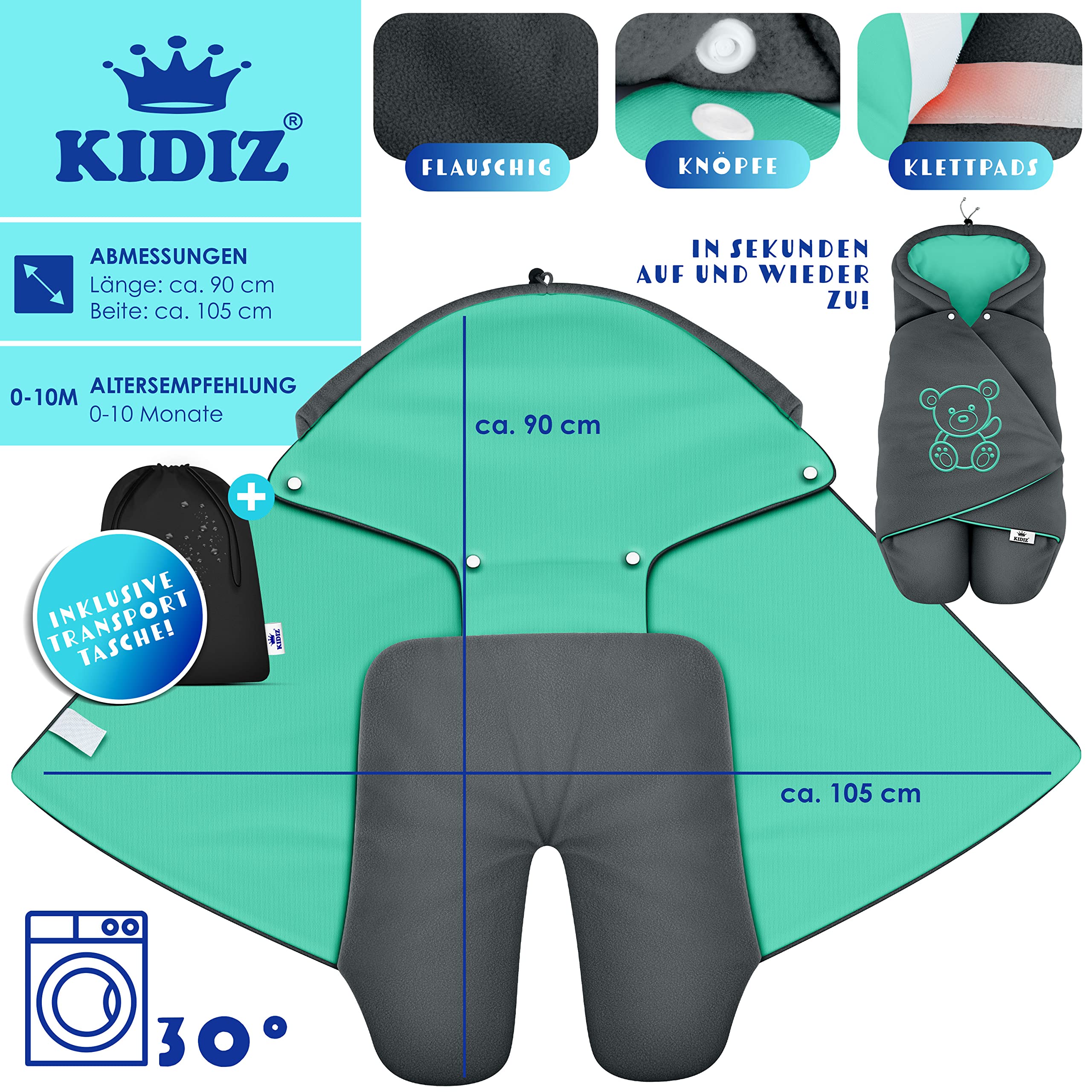Kidiz® Baby Einschlagdecke Babyschale Winter Herbst Babydecke mit Tasche Universal Fußsack kompatibel mit Maxi-Cosi, Römer, Buggy, Kinderwagen & Autositz isolierend gegen Wind, Nässe & Kälte