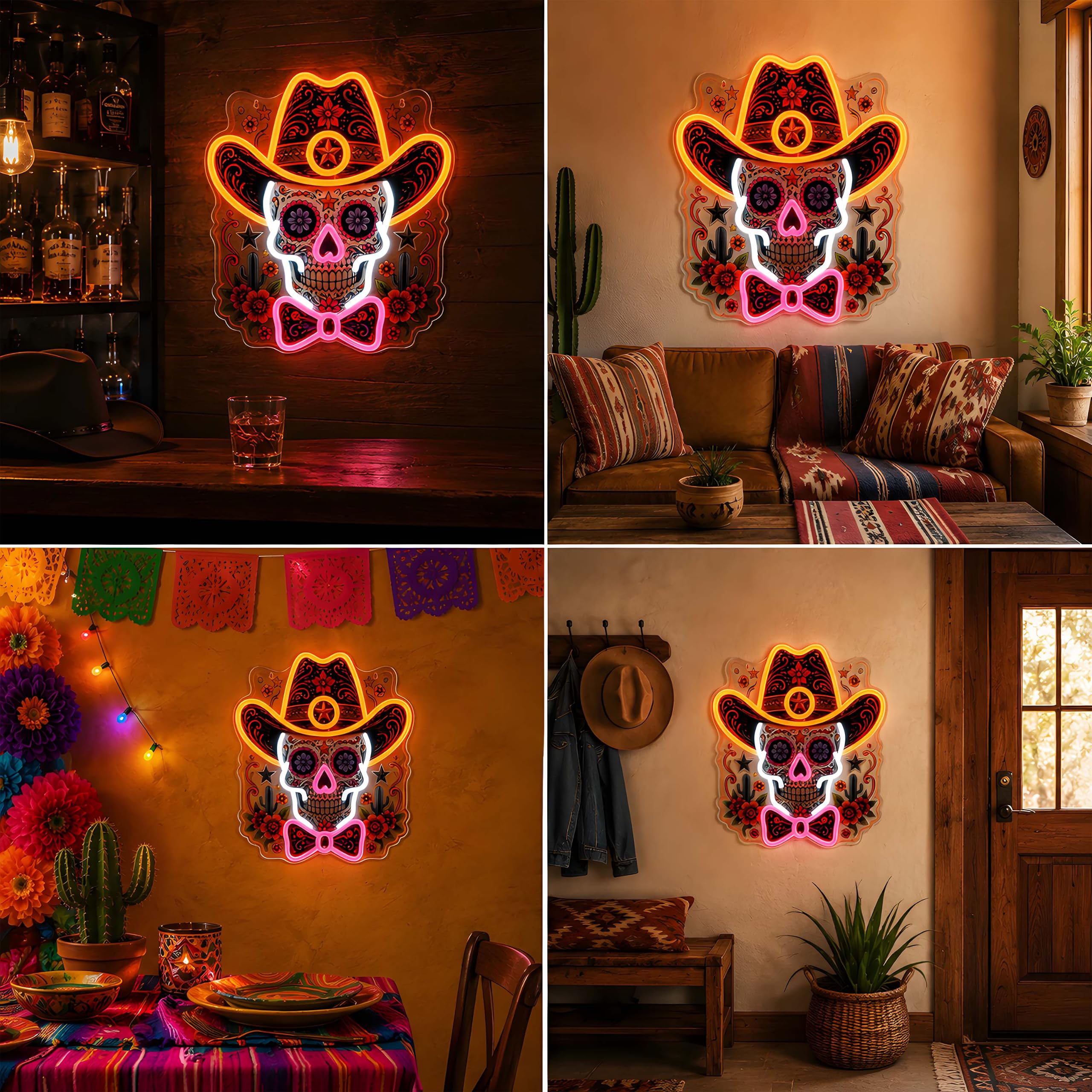 Insegna al neon con teschio da cowboy, luce LED da parete per decorazione messicana, alimentata tramite USB, dimmerabile, luce al neon per il giorno dei morti, Halloween, bar di casa, idea regalo per