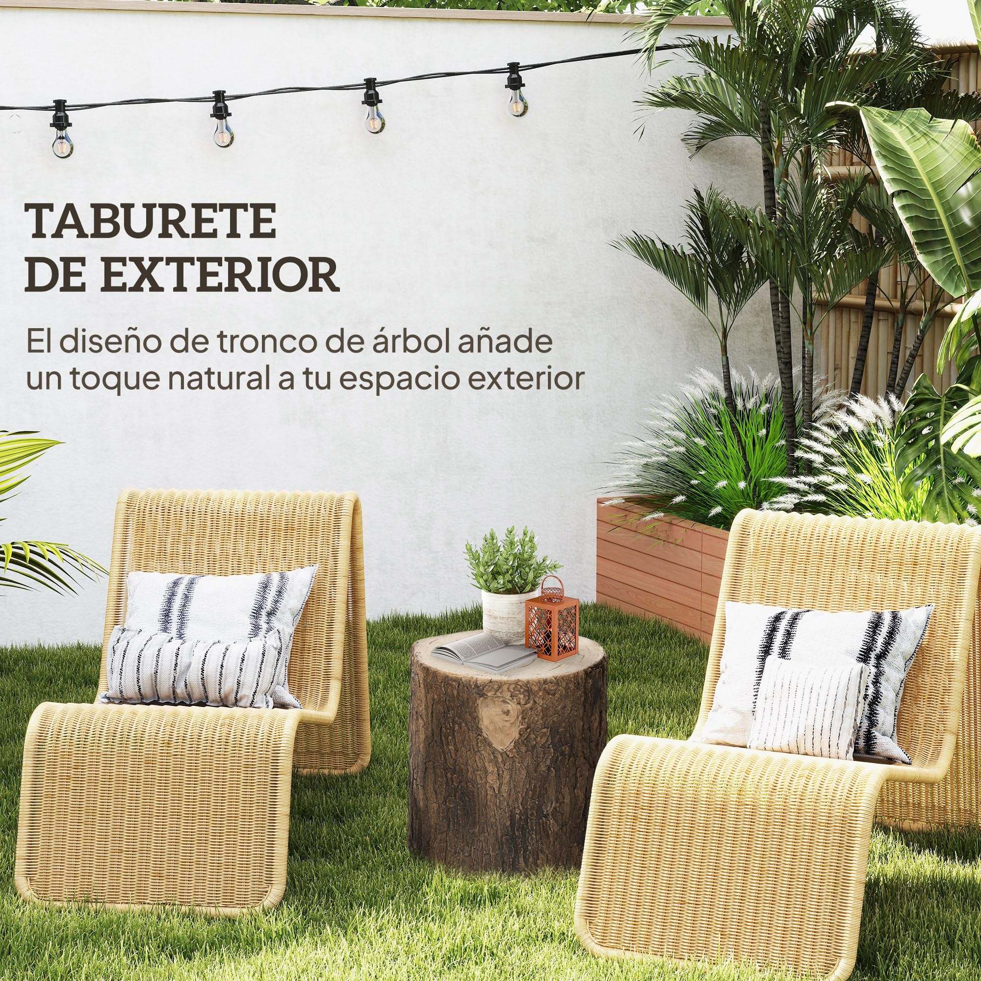 Outsunny Sgabello decorativo da giardino Ceppo d'albero Sgabello decorativo a forma di ceppo d'albero Uso multifunzionale Panchina stabile e robusta per terrazza patio Ø38x42 cm Legno naturale