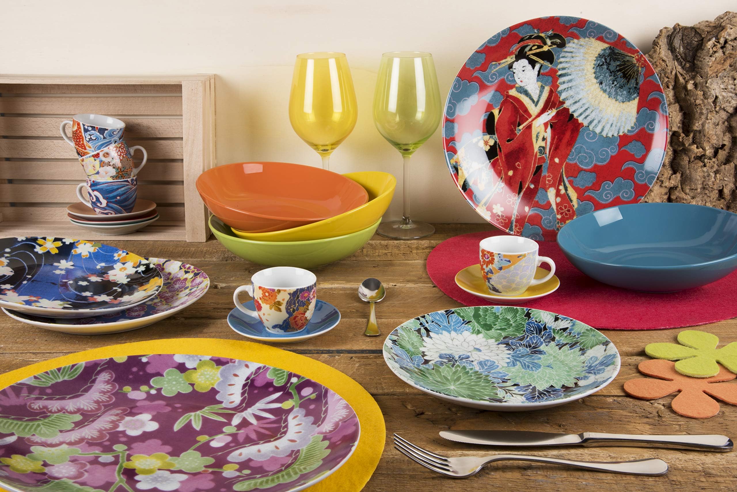 Excelsa Kimono Set 6 Tazzine da caffè con Piattino, Porcellana, Multicolore