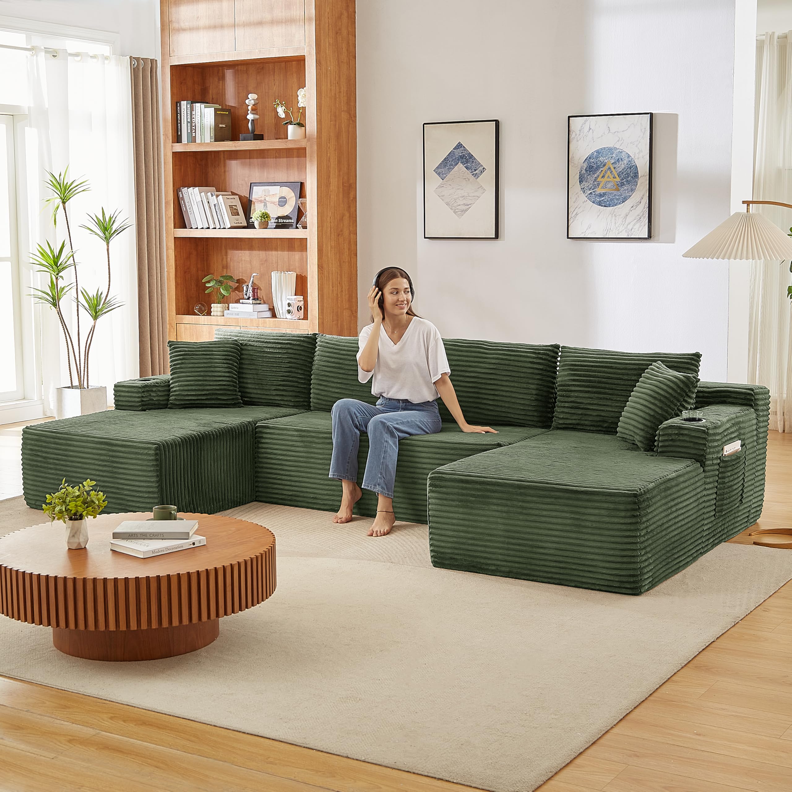 Canape Dangle Convertible, Canapé d’Angle de U avec Porte-Gobelets et Poches Latérales, Canapé Compressé en Velours côtelé, livré compressé, Confortable, Multifonctionnel, pour Salon, Chambre