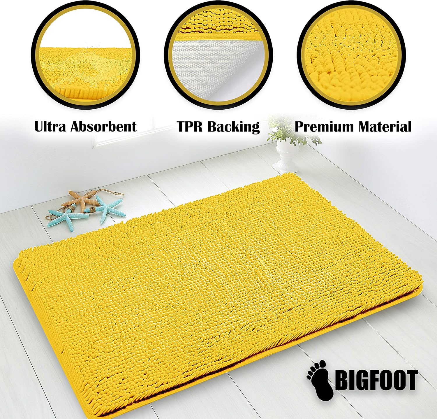 BIGFOOT Luxury Chenille Bathroom Rug Mat 30 x 20, Extra Soft and Absorbent Shaggy Rugs, Non Slip, Machine Wash Dry, Perfect Carpet Mats for Tub, Shower and Bathroom Washable, Yellow