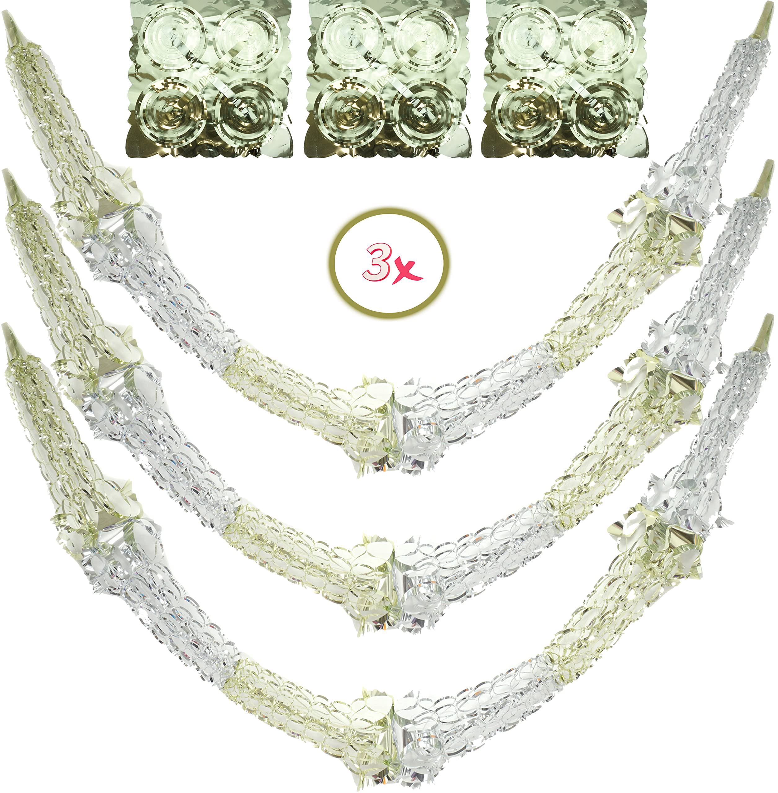3 Christmas Foil Garlands - 2.7 Meter Wall & Ceiling Hanging Decorations - Multi-Colored Xmas Ornaments