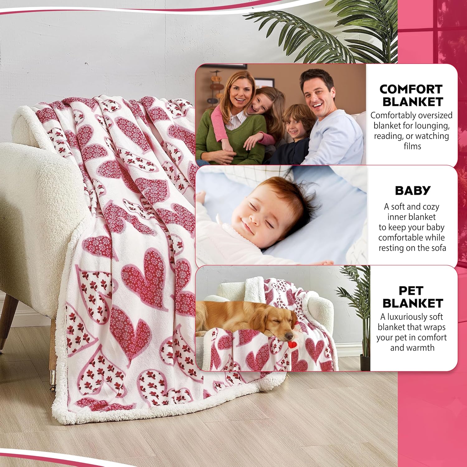 Heart Blanket – Ultra Soft Microplush Throw 50"x60" | Cozy Love Theme Gift for Couch, Bed, Travel, Valentine’s Day & More | Washable | Whimsical Hearts with Sherpa Backing - Image 4
