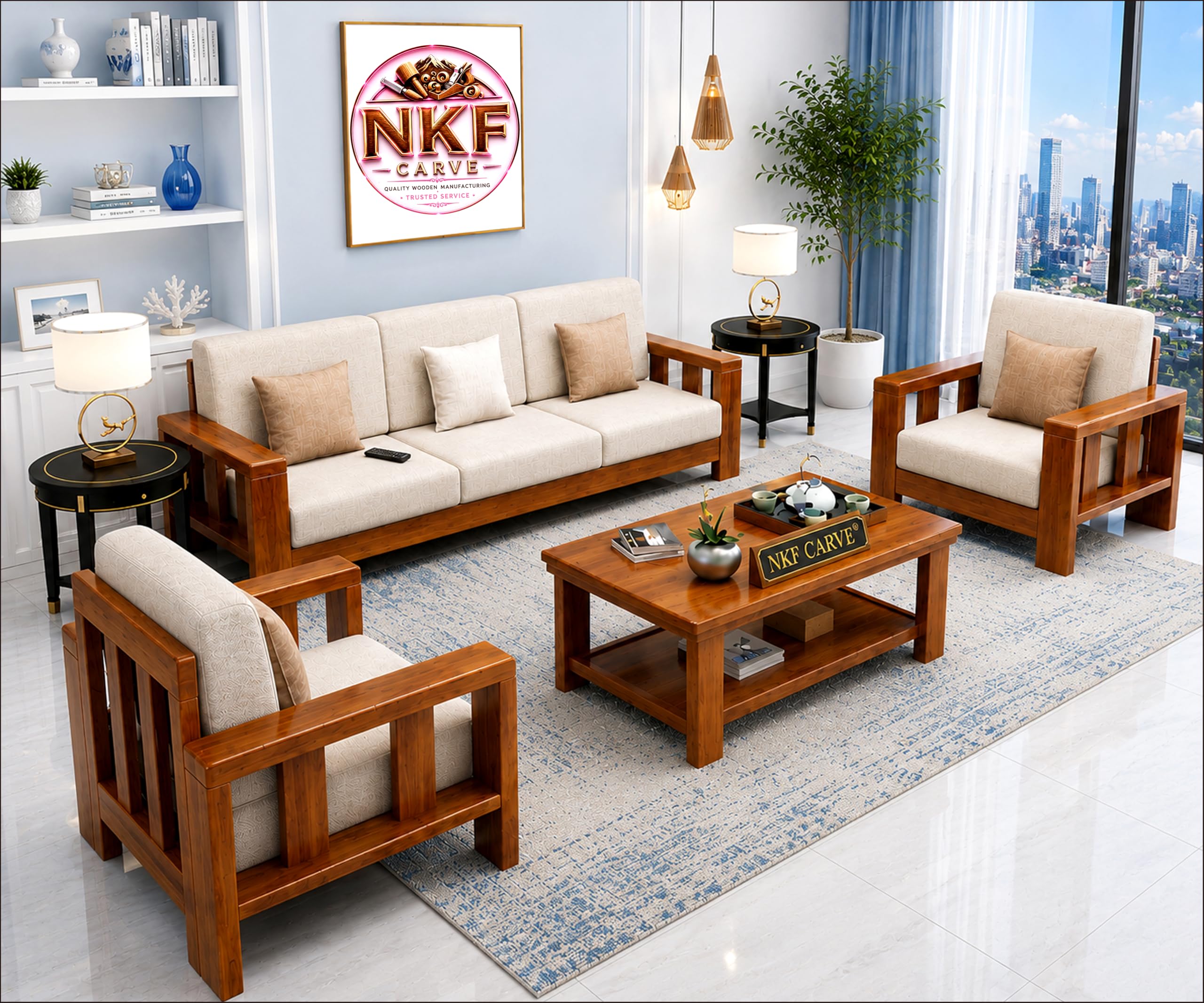 NKF CARVE Wooden Sofa Set 5 Seater for Living Room | Sheesham Wood 5 Seater Sofa Set for Home & Office | Solid Wood Sofa Set 5 Seater, Brown Teak Finish-image-34