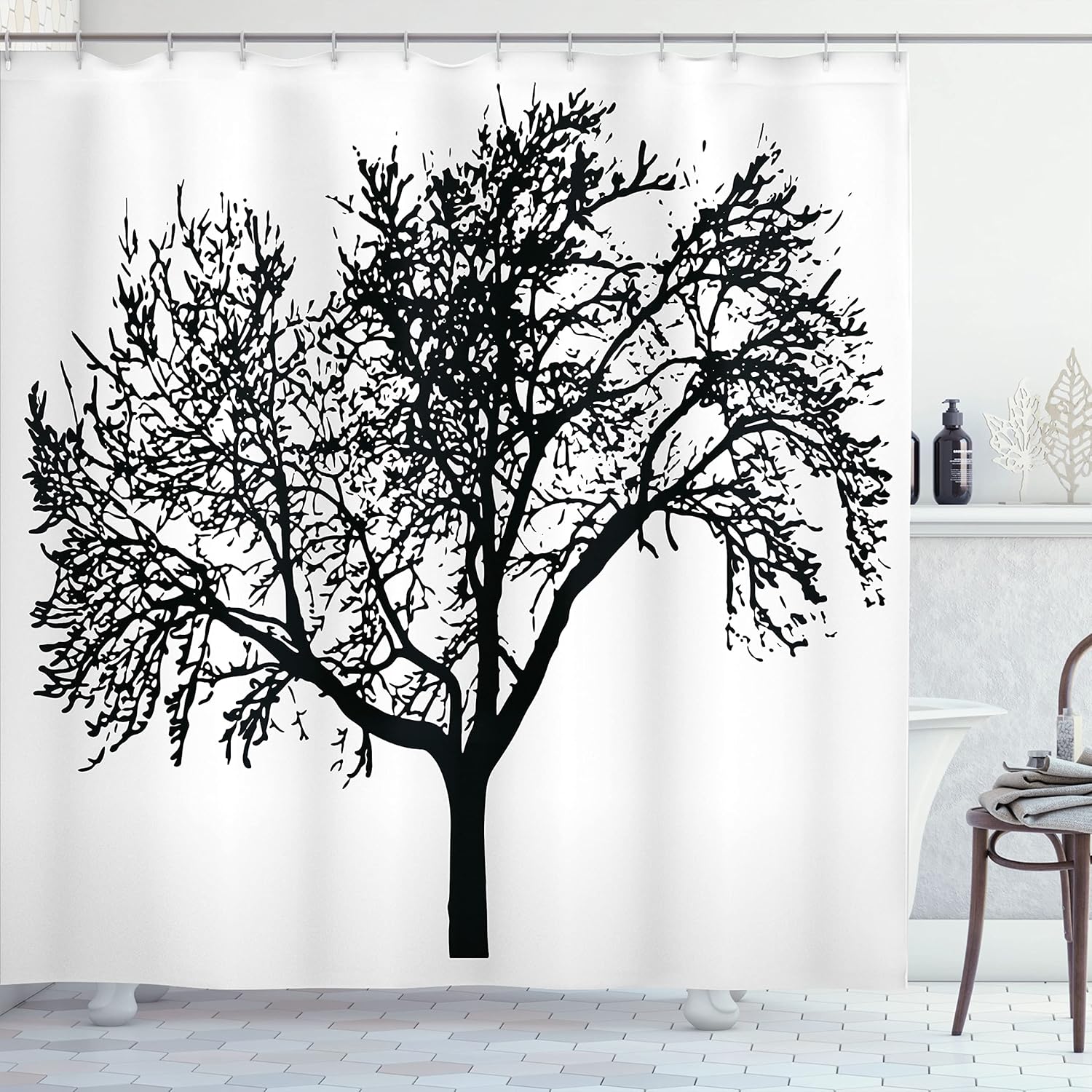 Ambesonne Tree Shower Curtain, Silhouette Style Bare Branches in Monochromatic Design Nature Illustration, Cloth Fabric Bathroom Decor Set with Hooks, 69" W x 75" L, Charcoal Grey White