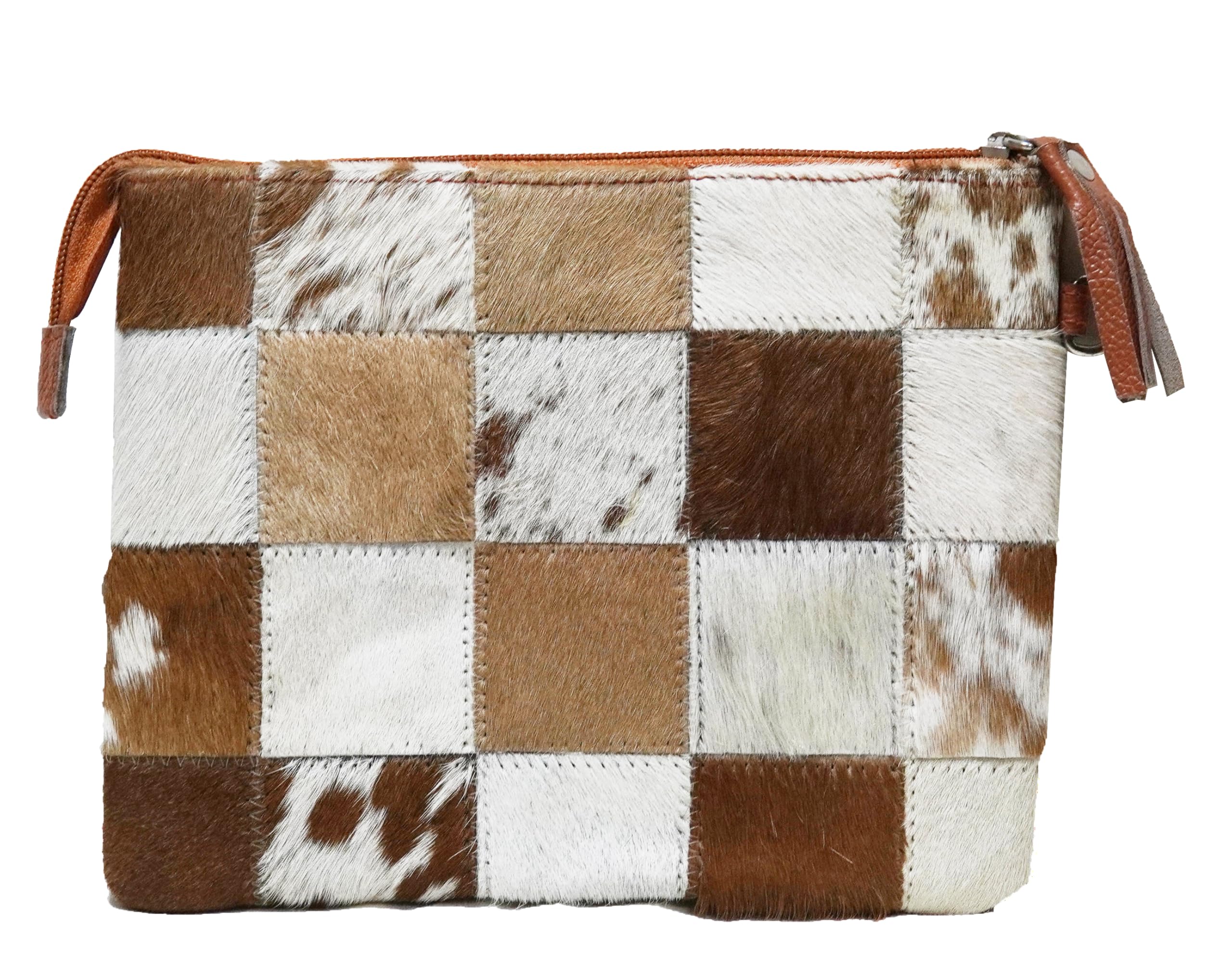 Cowhide Clutch for Women, Handmade Genuine Leather Brown & White Hair-On Purse, Stylish Compact Bag for Travel, Essentials, Gift for Her
