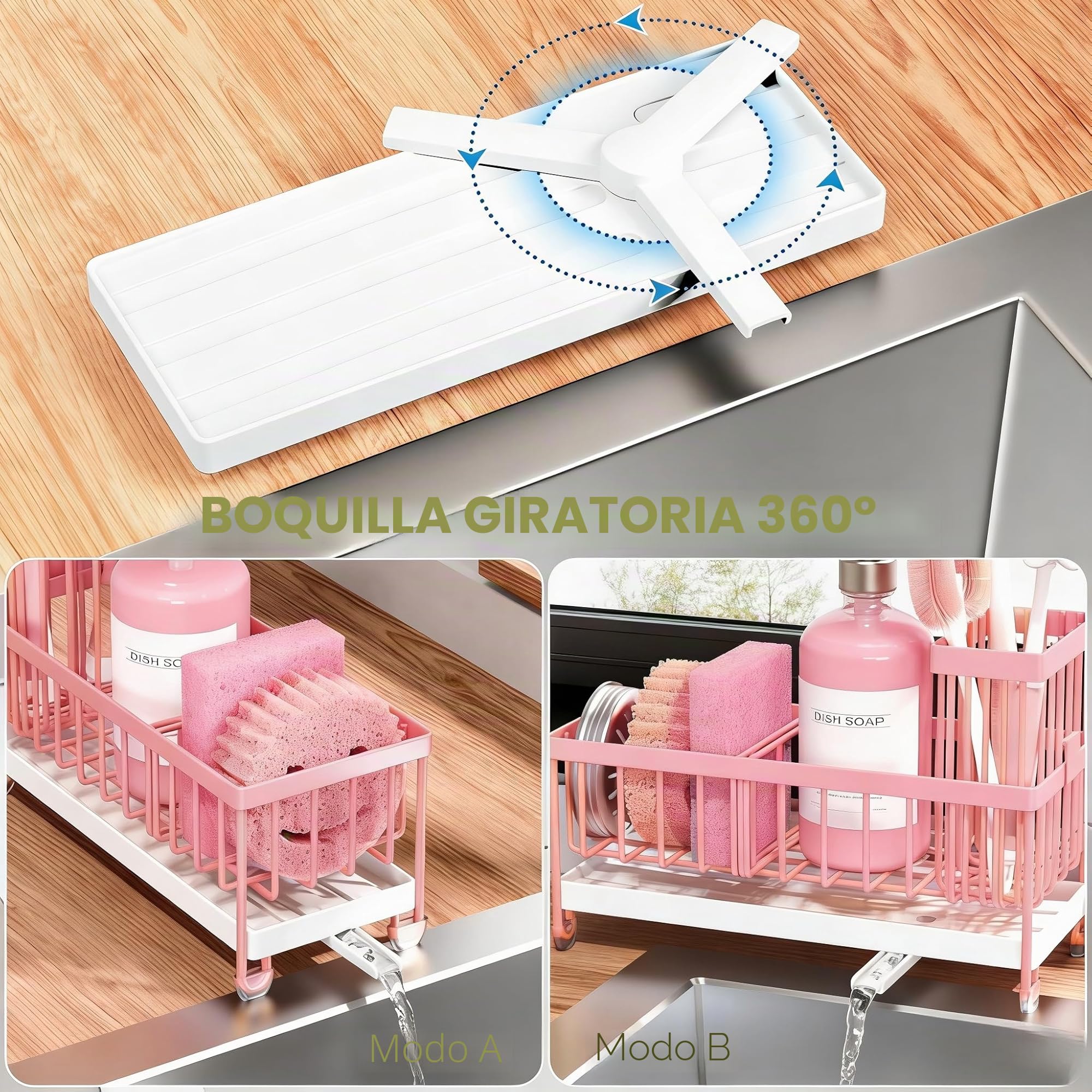 Cisily Soporte de Esponja Rosa para Fregadero de Cocina, Organizador de Fregadero con Soporte Alto para cepillos, encimera de Cocina, Acero Inoxidable 304, dispensador de jabón, organizadores de