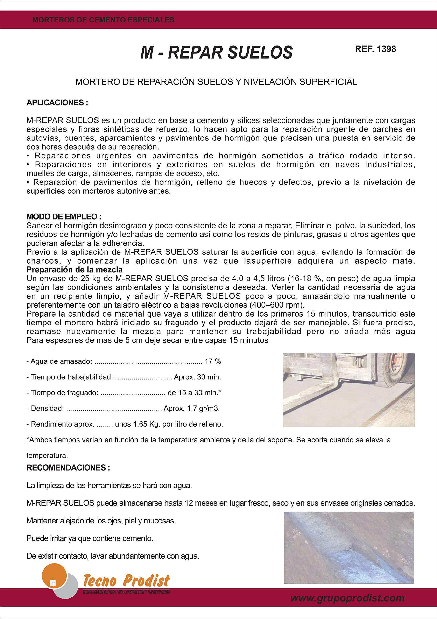 M-REPAR SUELOS de Tecno Prodist (5 Kg + Kit) – Mortero de reparación suelos hormigón o cemento, incluso con tráfico rodado (transitable por vehículos en 2 horas)