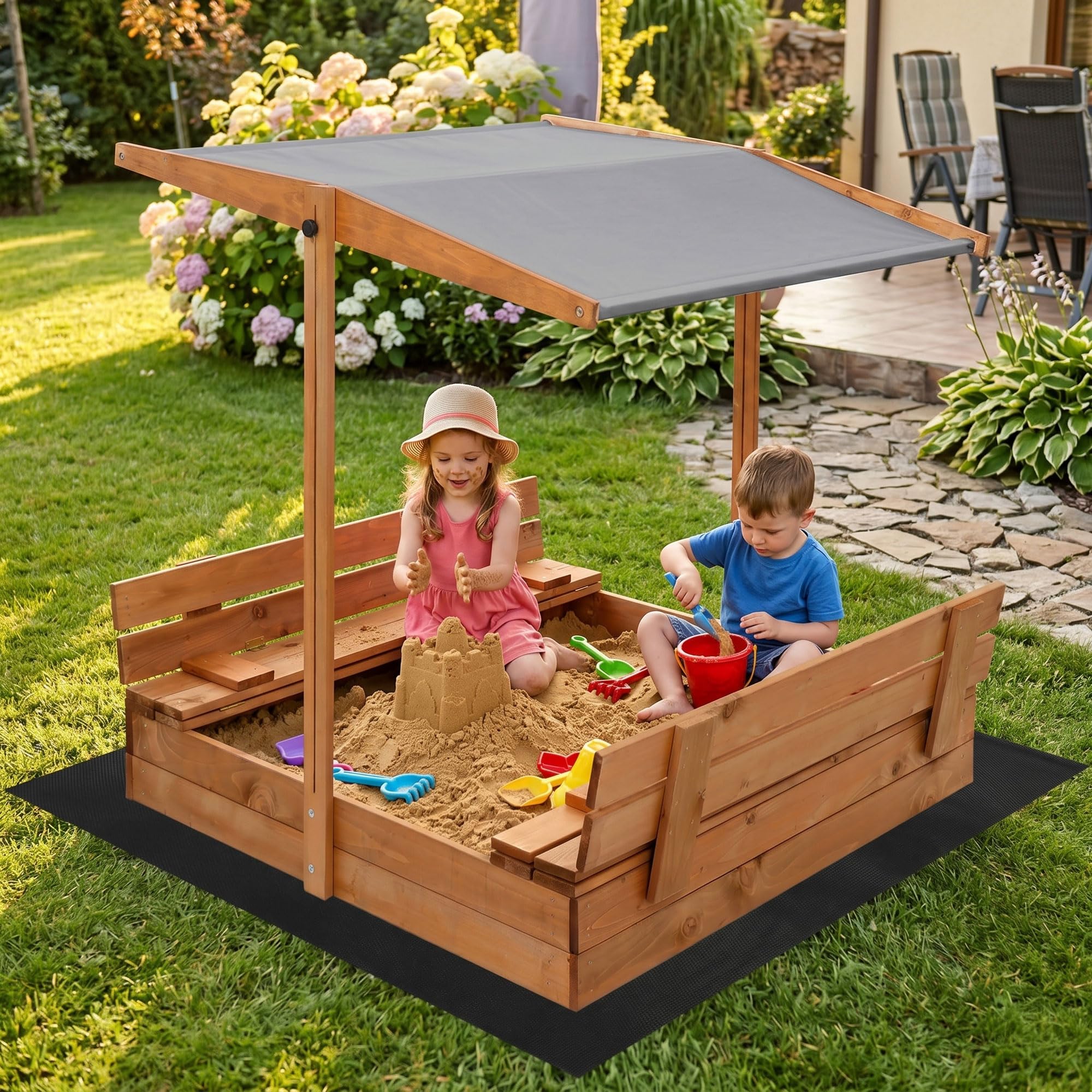 Bac à sable en bois 120 x 120 cm avec toit et couverture, bac à sable pour enfants, bac à sable de jardin en bois de conifère imprégné, toit pare-soleil réglable, pliable, marron, gris SPRINGOS