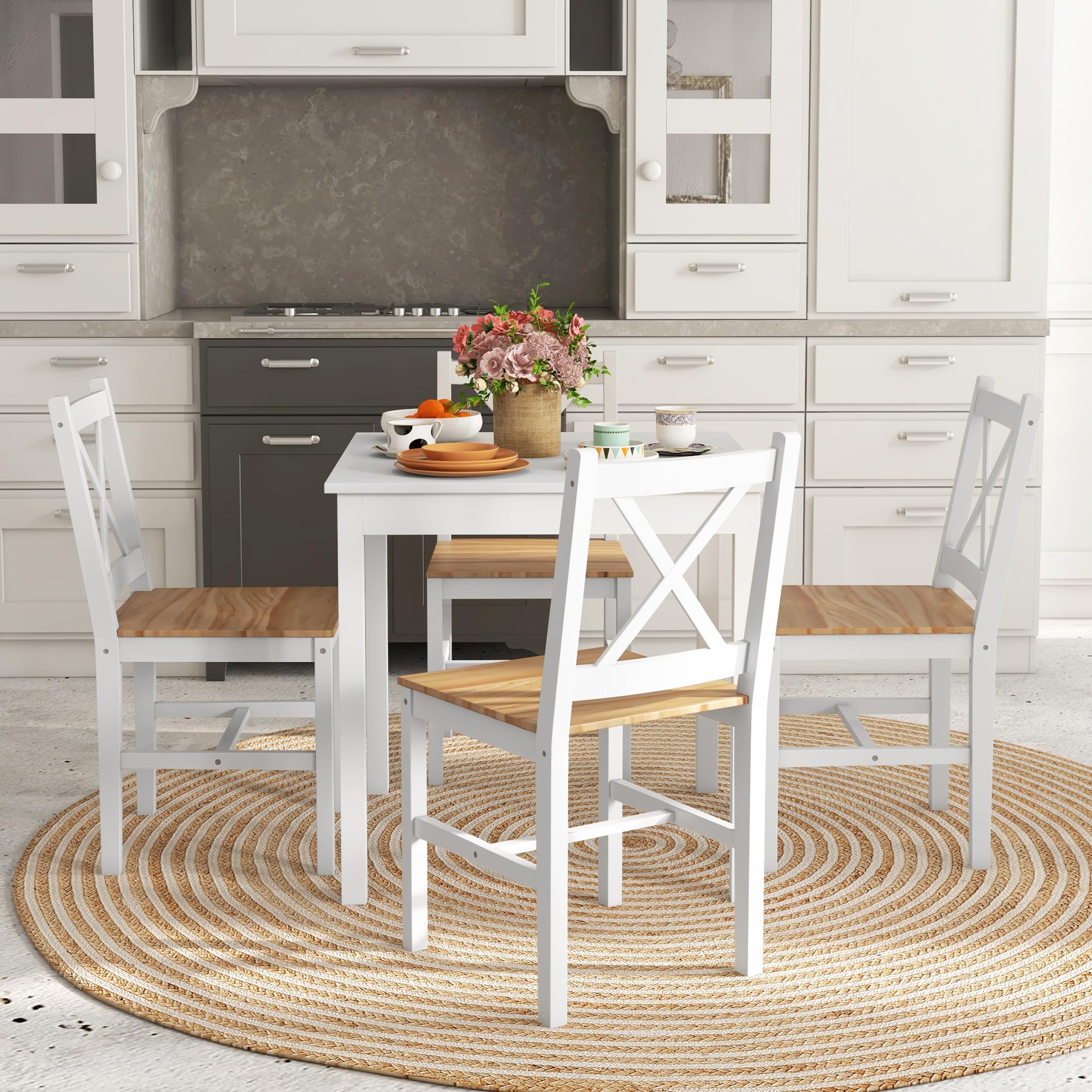 HOMCOM Lot de 4 Chaises Salle à Manger Moderne Dossier Haut, Naturel Blanc