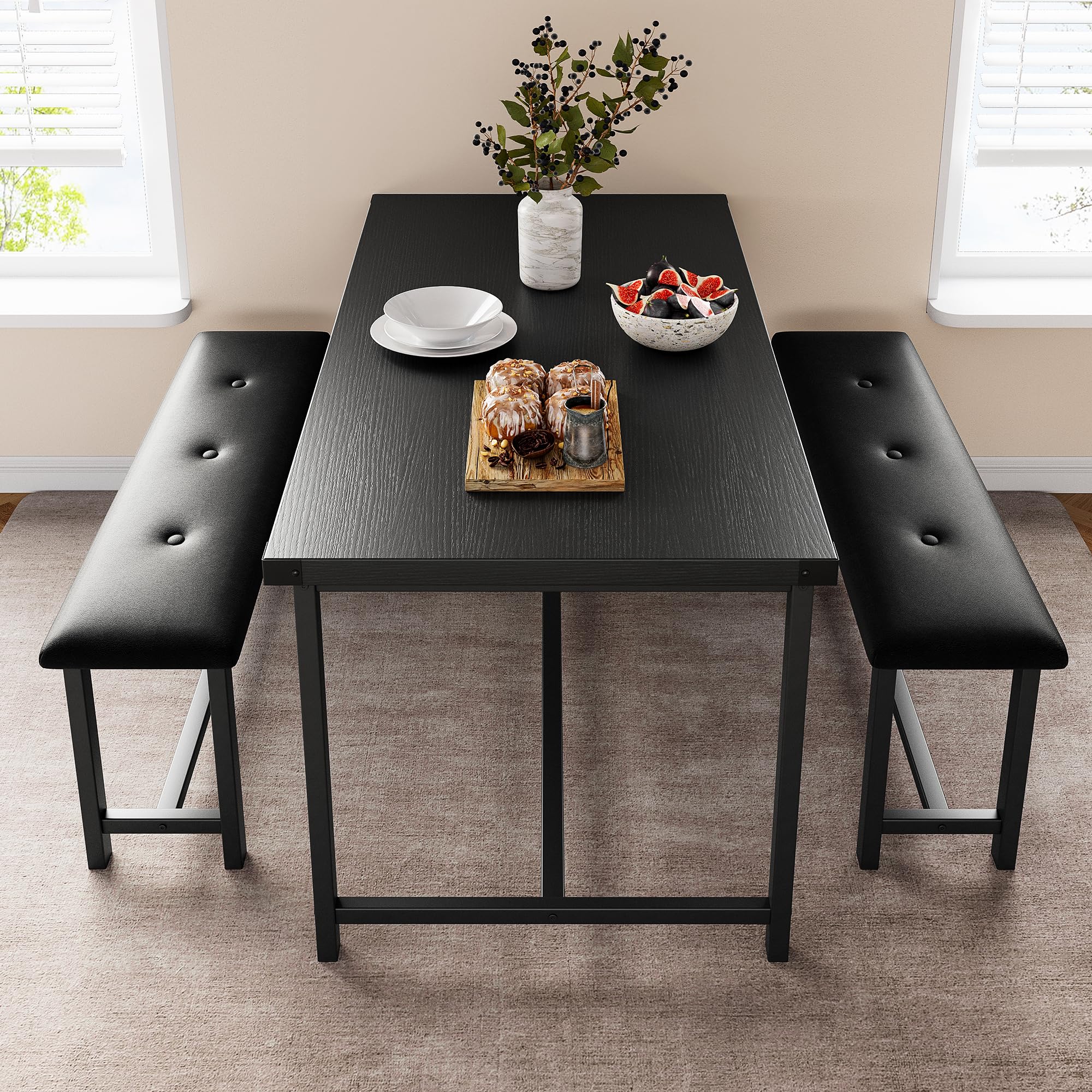 Amyove Rectangular Dining Table Set for 4, 3 Piece Kitchen Table Set with 2 Upholstered Benches, Retro Black