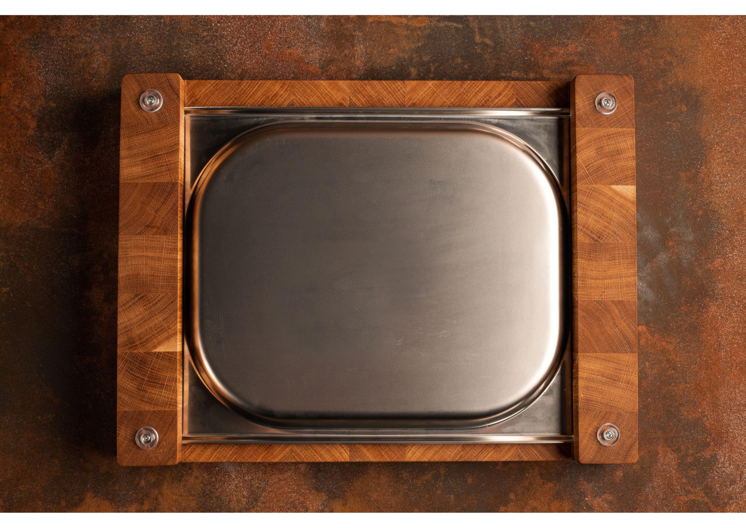 Premium Schneidebrett aus Stirnholz Eiche 40×30×5,5 cm – mit Edelstahlschublade 1,3 L | Küchenbrett massiv & rutschfest | Hackblock Holz Schneidebrett professionell geölt – Geschenkidee