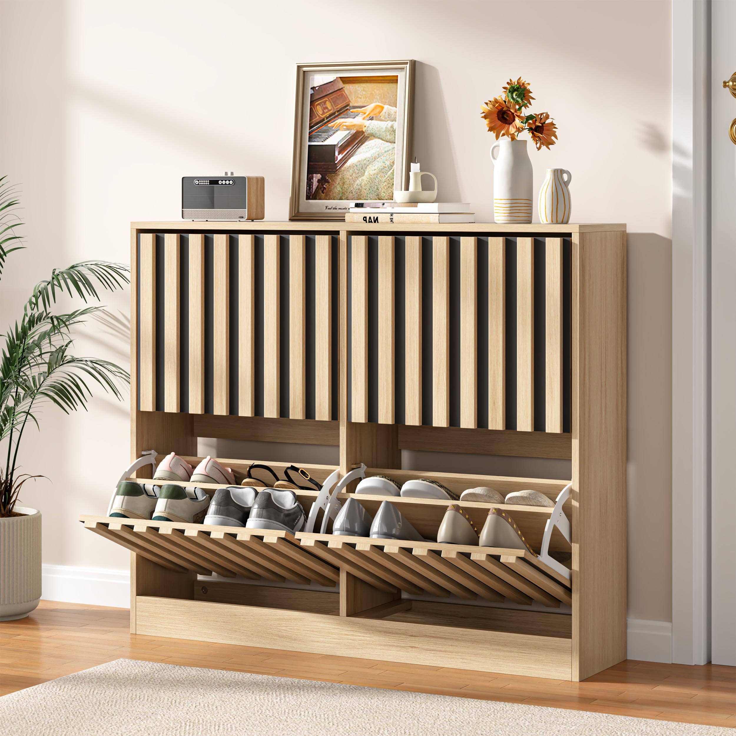 UEV Wide Shoe Cabinet with 4 Flip Drawers – Narrow Shoe Storage Unit for Entryway or Hallway, Modern Wood Slat Doors with Ventilated Design, Holds 16 Pairs, Light Oak & Black