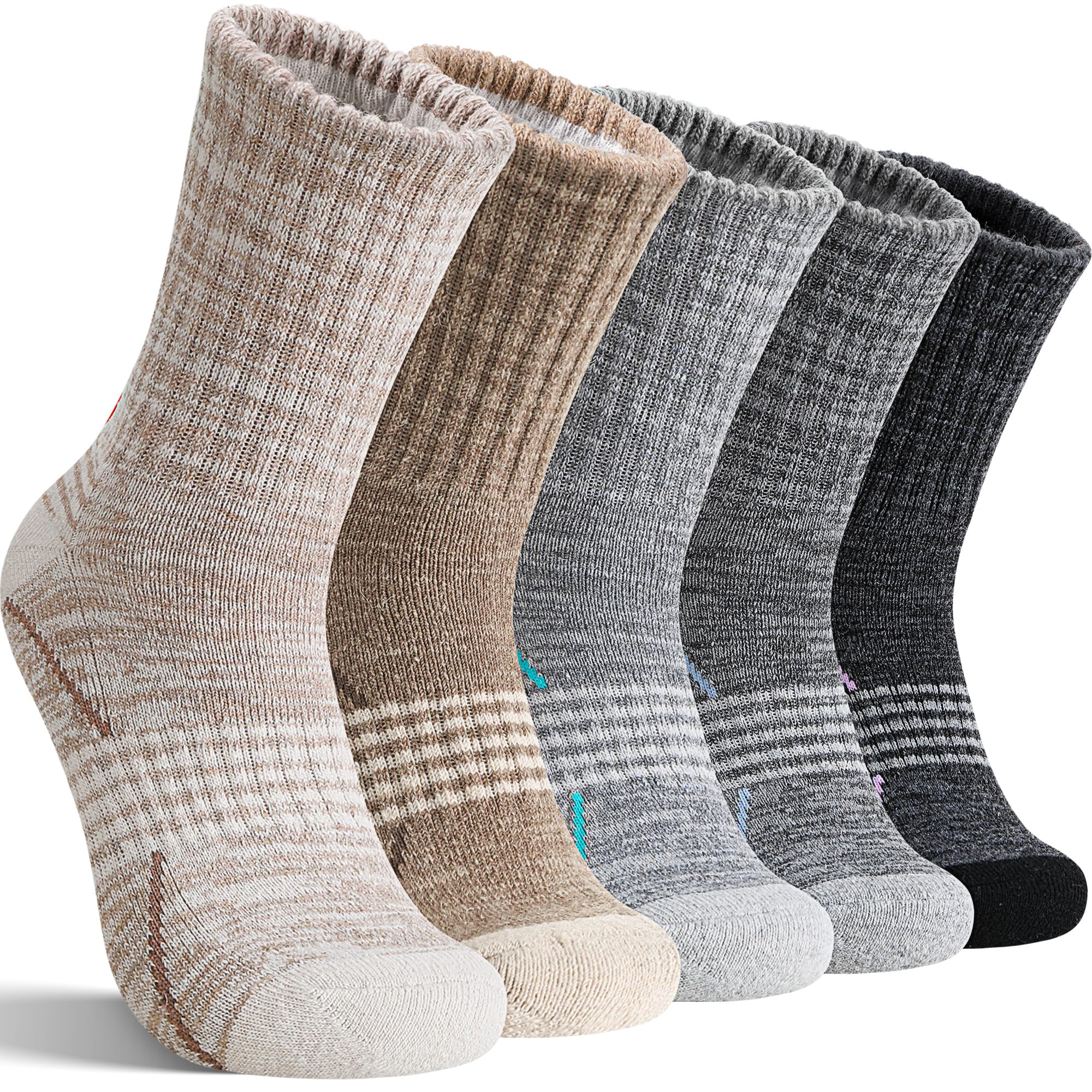 Sandsuced Merino Wool Hiking Socks Thermal Warm Winter Cozy Crew with Cushioned Sole & Moisture Wicking 5 Pairs for Women