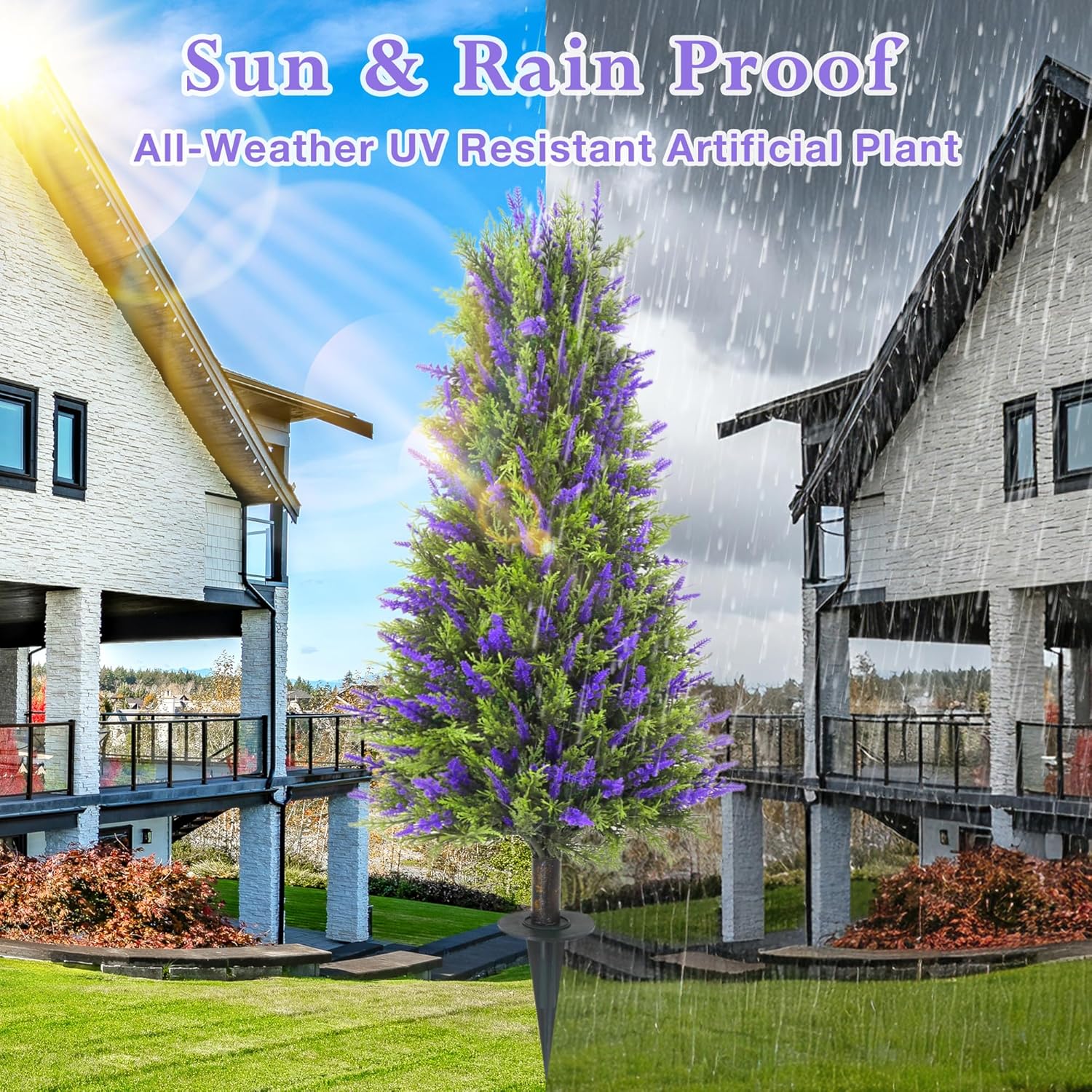 40" Artificial Cedar Lavender Topiary Trees with Ground Spike, Set of 2 Artificial Shrubs Fake Bushes UV Resistant Realistic Fake Plant for Outdoor Indoor Porch Garden Home Decor