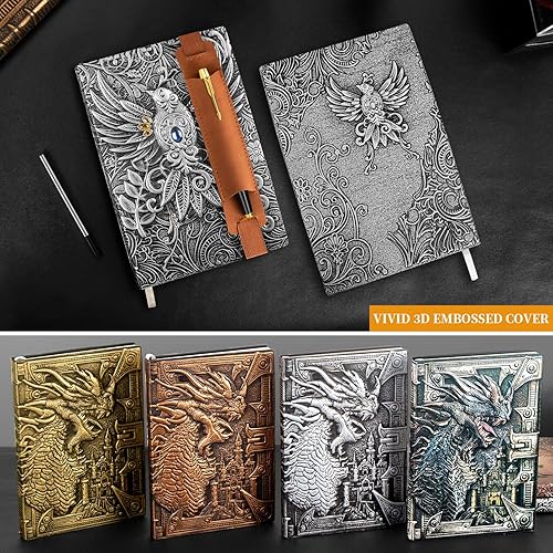 Miniatura 6 de Cuaderno de viaje Phoenix 3D vintage en relieve con bolígrafo negro y funda para bolígrafo, diario de viaje A5 de cuero antiguo hecho a mano,