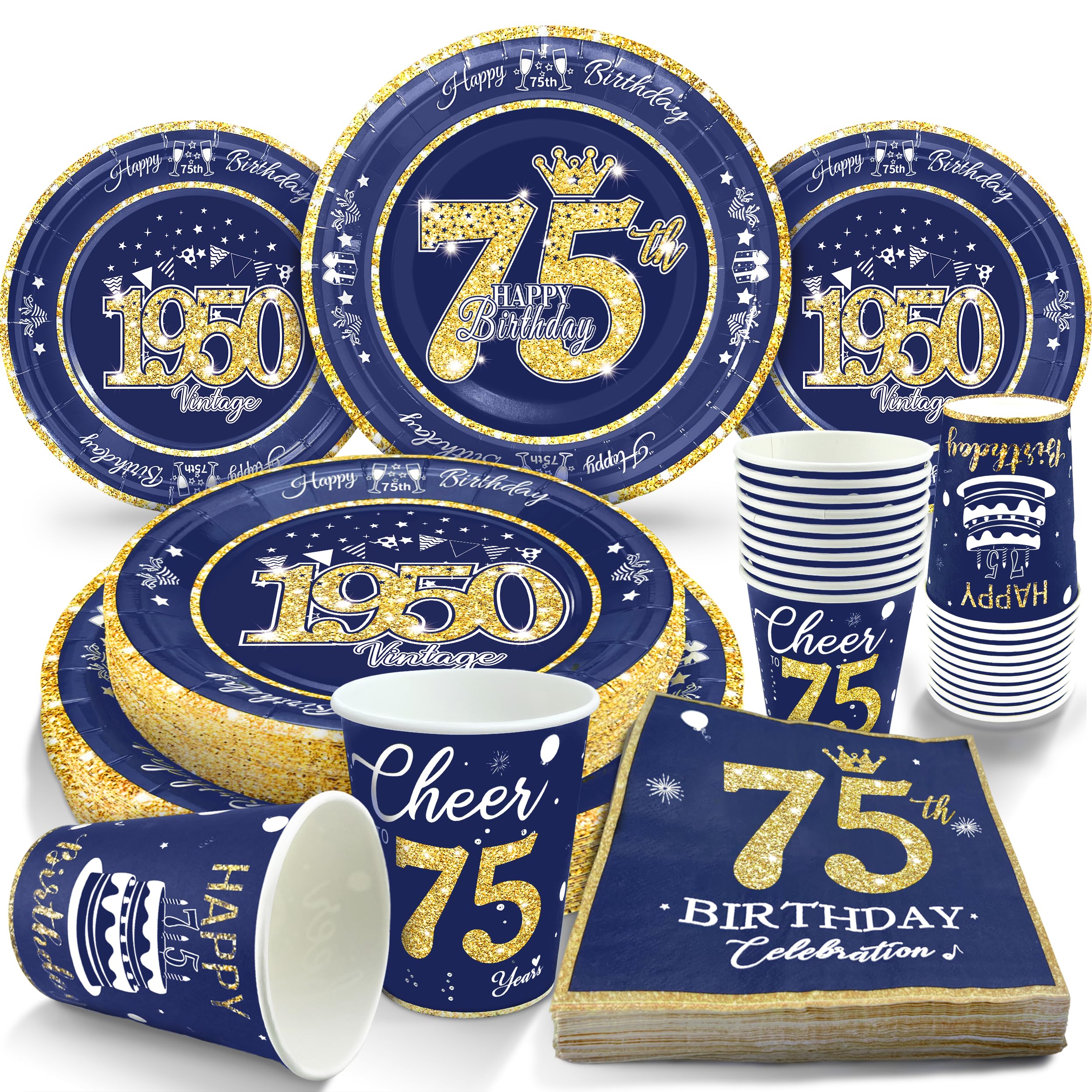 algpty 75th Birthday Decorations Blue and Gold, Service for 30, Vintage 75th Birthday Plates and Napkins Includes Blue and Gold 1950 Plates, Napkins,Cups 75th Birthday Decorations for Men Women