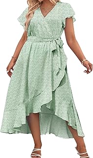 Plus Size Womens Floral Summer Dress Casual Wrap V Neck Short Sleeve Belted Beach Bohemian Maxi Dress - Buy now