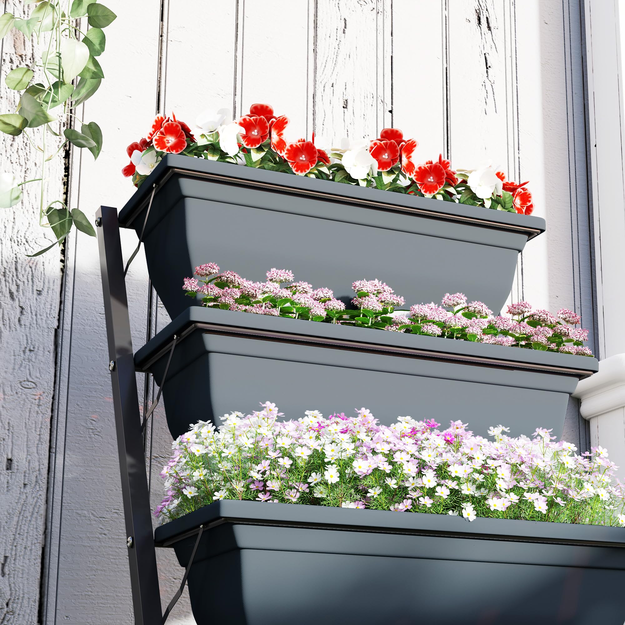 Outsunny Jardinière Surélevée avec Étages Verticale Cadre en Acier Gris | 5 Bacs à Fleurs, Trous de Drainage avec Bouchons en Caoutchouc, Escalier pour Plantes, Légumes, Herbes