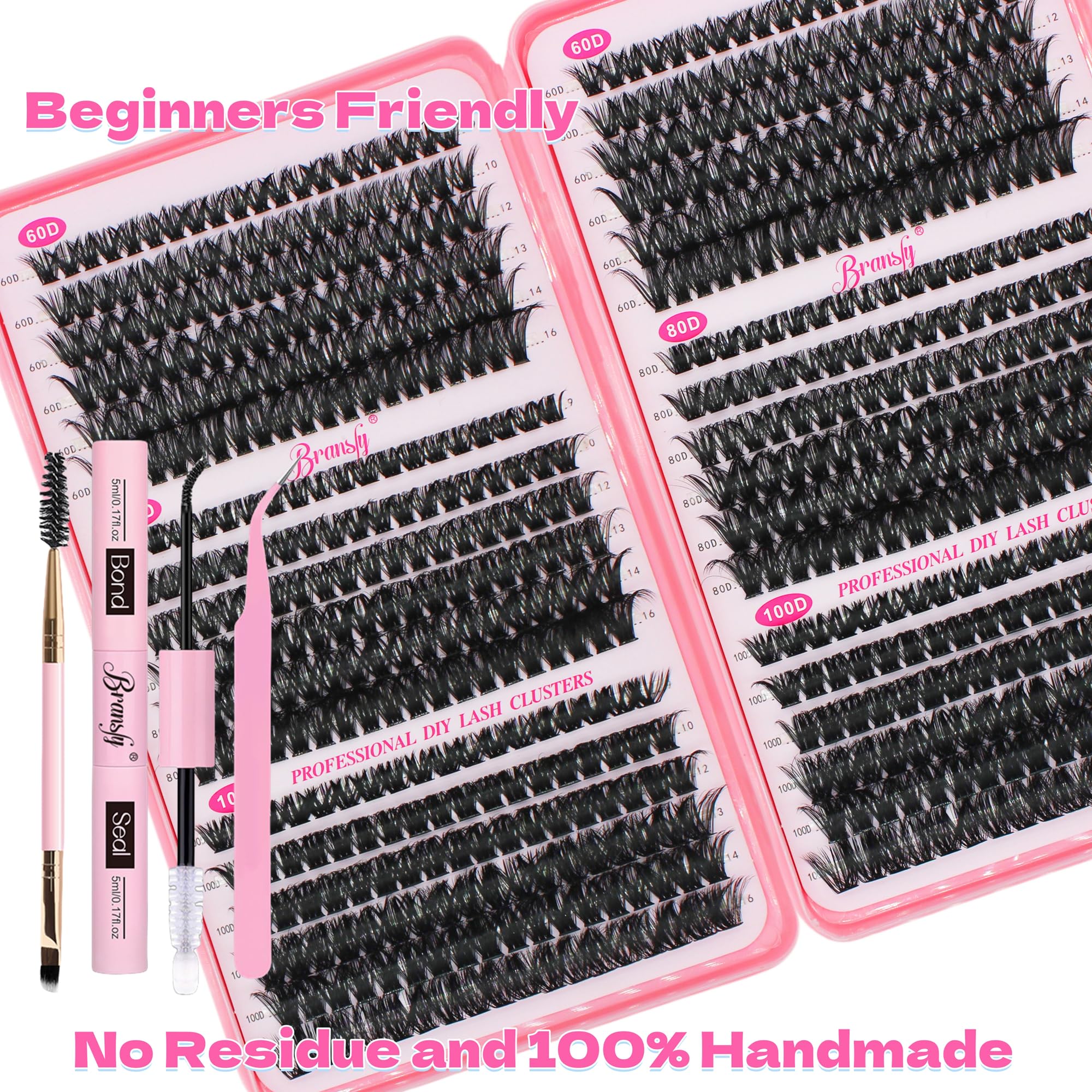 Bransfy 3 Styles 684pcs Lash Clusters Kit DIY Lash Extension Kit D Curl Eyelash Extensions 9-16MM Cluster Lashes with Waterproof Lash Bond and Seal Tweezers(60D+80D+100D,Kit) - Image 4