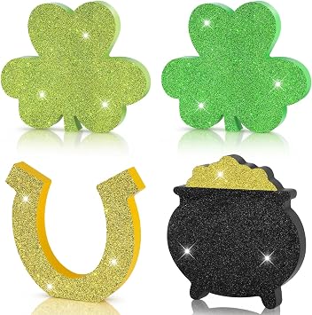 4 Pcs St. Patricks Day Decorations Wooden Signs,Shamrock Wooden Table Centerpiece Decoration,Shamrock Shaped Decor,Pot of Gold,Lucky St Patricks Day Tiered Tray Decor for Home Table Shelf Party