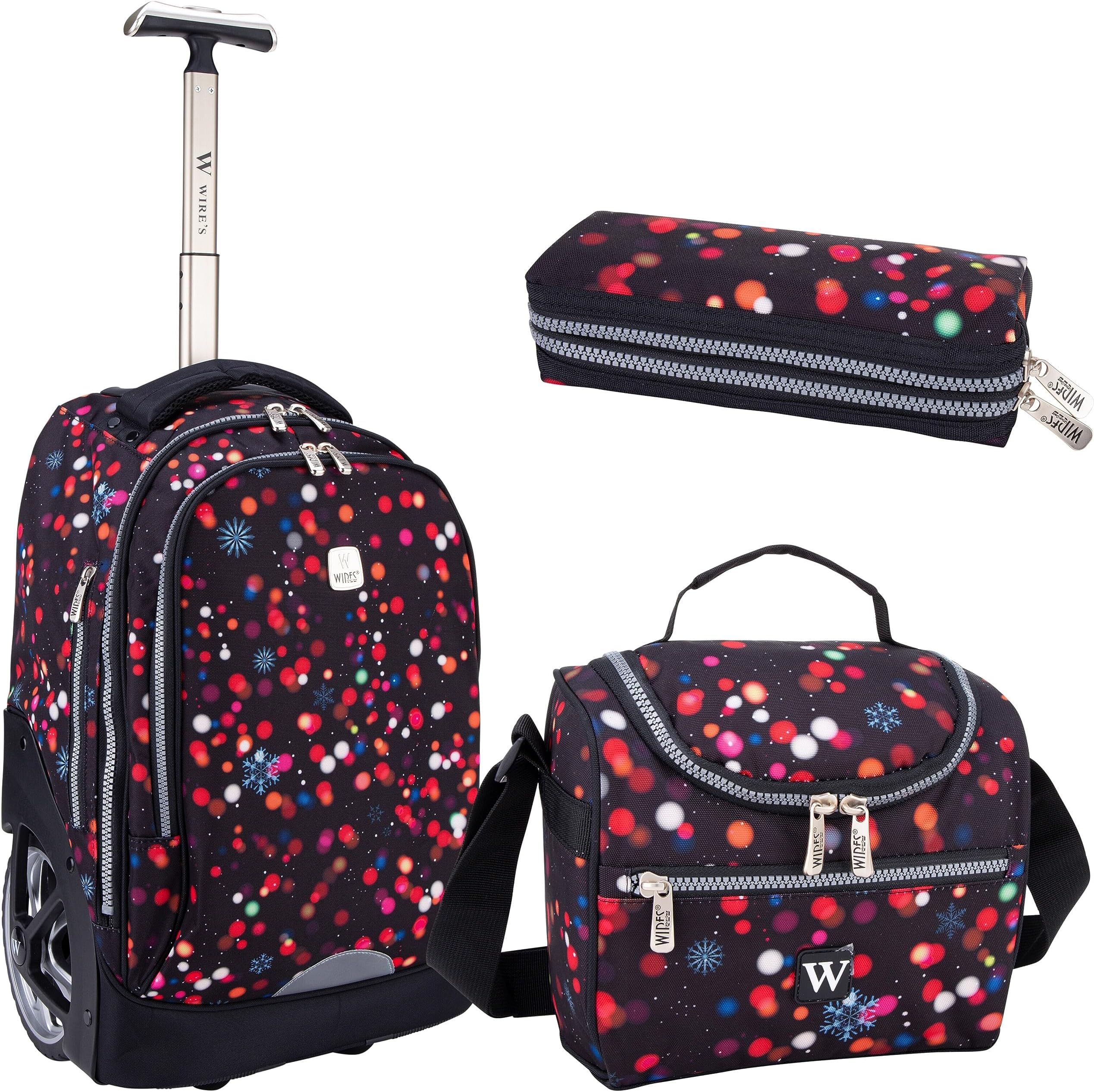 WIRES Trolley School Bag 3 PCS set All in One 2 BIG WHEEL Rolling Bag Incloude Pencil case and Lunch bag, Laptop Compartment, Anti theft Zipper (W24345)