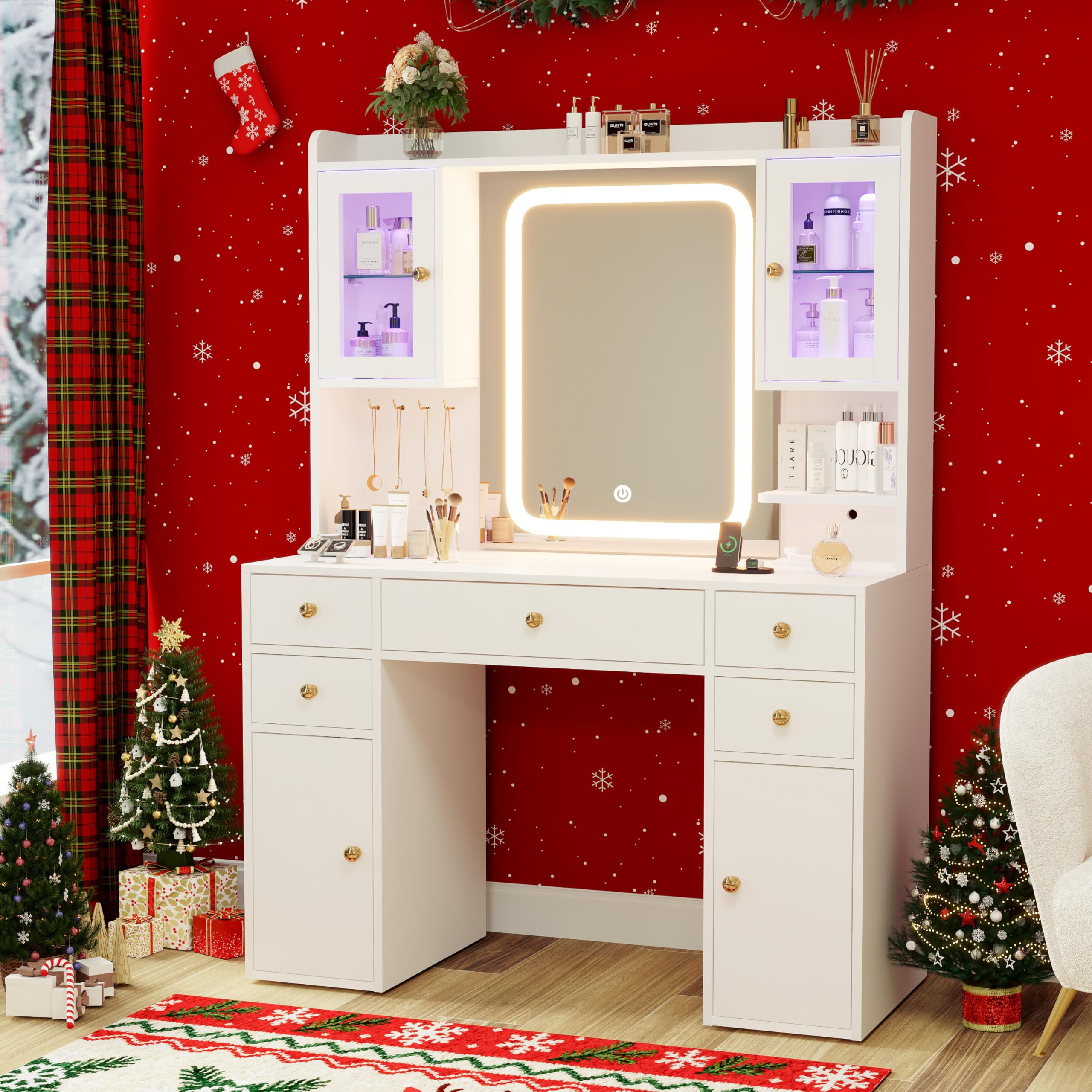 YOUDENOVA Schminktisch mit Beleuchtung und Spiegel, Großer Vanity mit Schubladen & 2 RGB-Glasvitrine, Dressing Table mit Steckdose, Frisiertisch Modern, Weihnachten Geschenke für Mädchen, Weiß