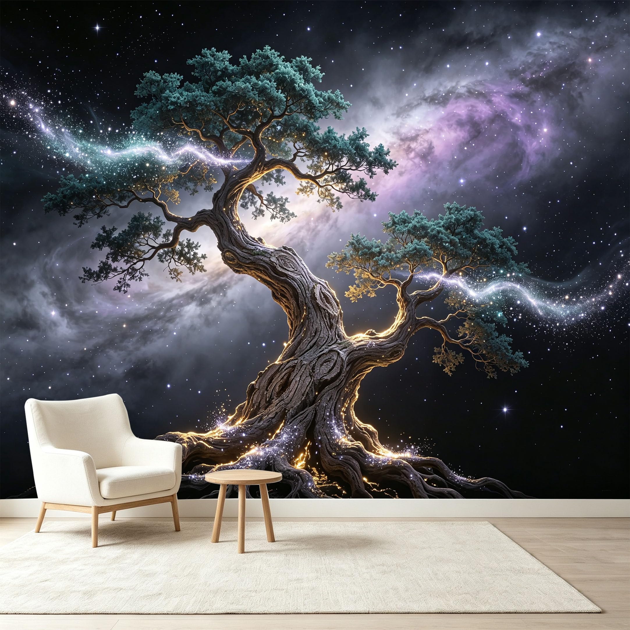 Custom Size Wall Murals Cosmic Ancient Tree Nebula Energy Starry Sky Self-Adhesive Wall Fabric Removable Wallpaper Wall Decor for Living Room Bedroom Bathroom