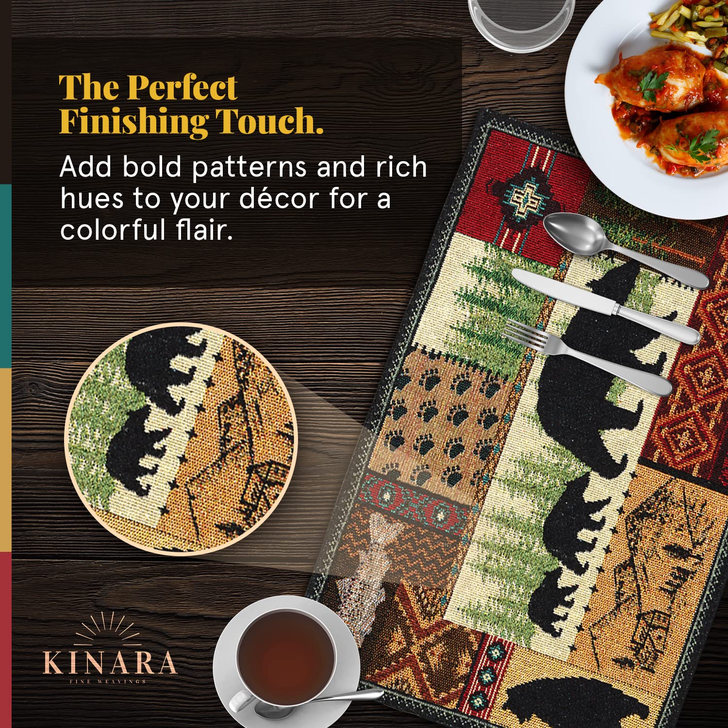 Kinara Lodge Platzdeckchen 4er-Set – Cabin quadratische Tischsets mit Schwarzbär, Elch, Hirsch, Jagd, Wildnis rot