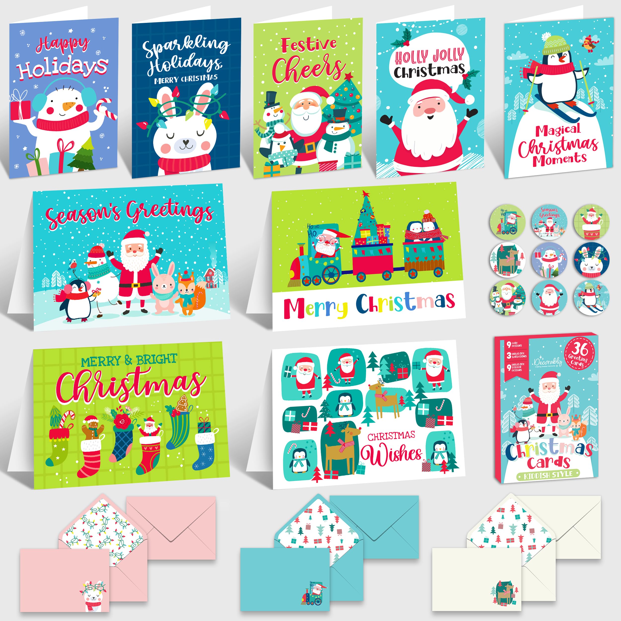 Decorably 36 Pack 5x7in Christmas Cards with Envelopes and Stickers, 9 Fun Designs Holiday Cards Children with Printed Message Inside