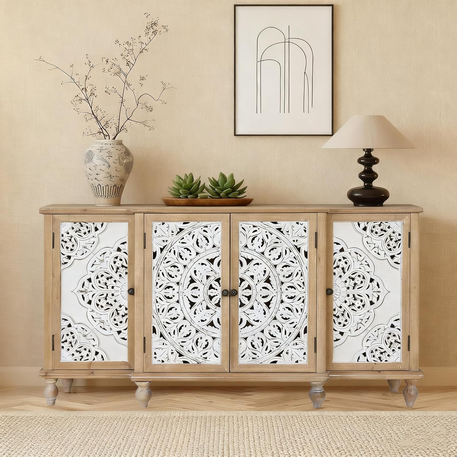 4-Door Hollow-Carved Accent Cabinet, Distressed Wood Vintage tStorage Cabinet Cupboard with Adjustable Shelves,Unique Design for Kitchen, Dining Room, Living Room, Entryway, Natural Wood