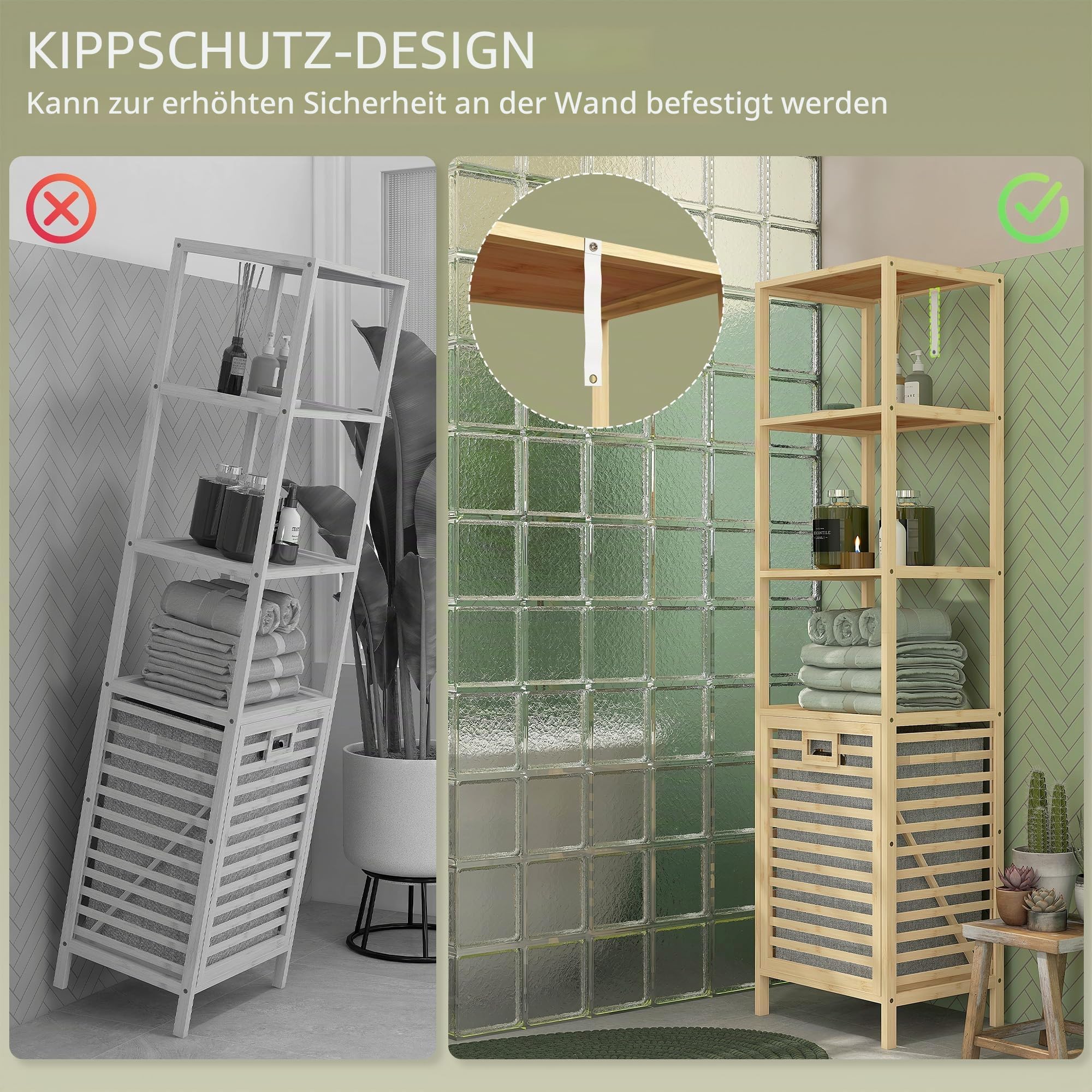 HOMCOM Badregal mit Wäschekorb Badezimmerregal 3 Ebenen 44 x 33 x 160 cm