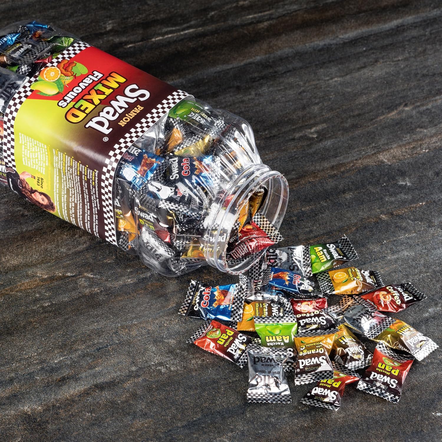 Swad Mixed Flavours Chatpati Goli Candy Jar – 150 Hard Candies with Kaccha Aam Imli Meetha Paan Cola Orange Coffee Original Flavors – Tangy Sweet Indian Candy, Childhood Favorite Treat