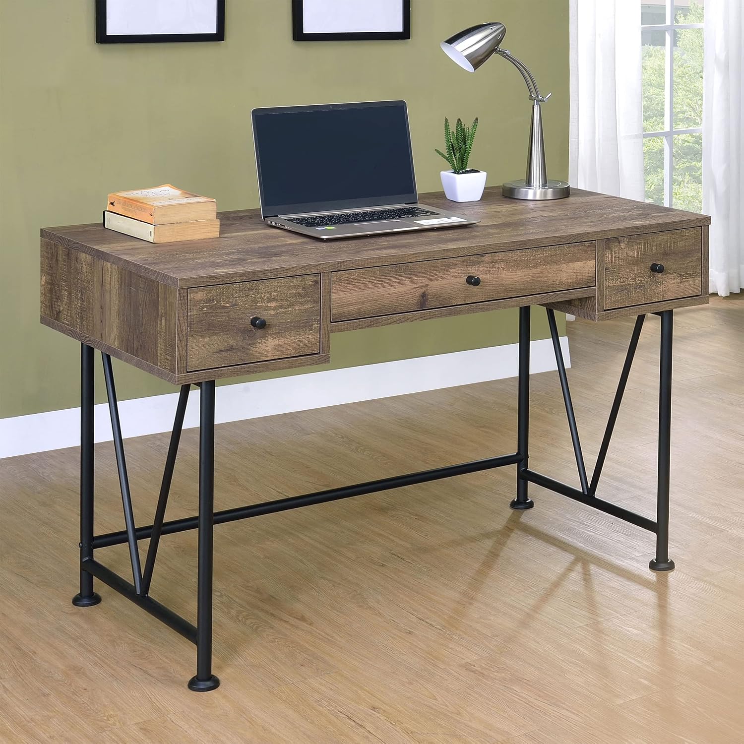 Coaster Furniture Analiese Farmhouse 3 Drawer Home Office Writing Desk Black Metal Base Rustic Oak Brown 802541
